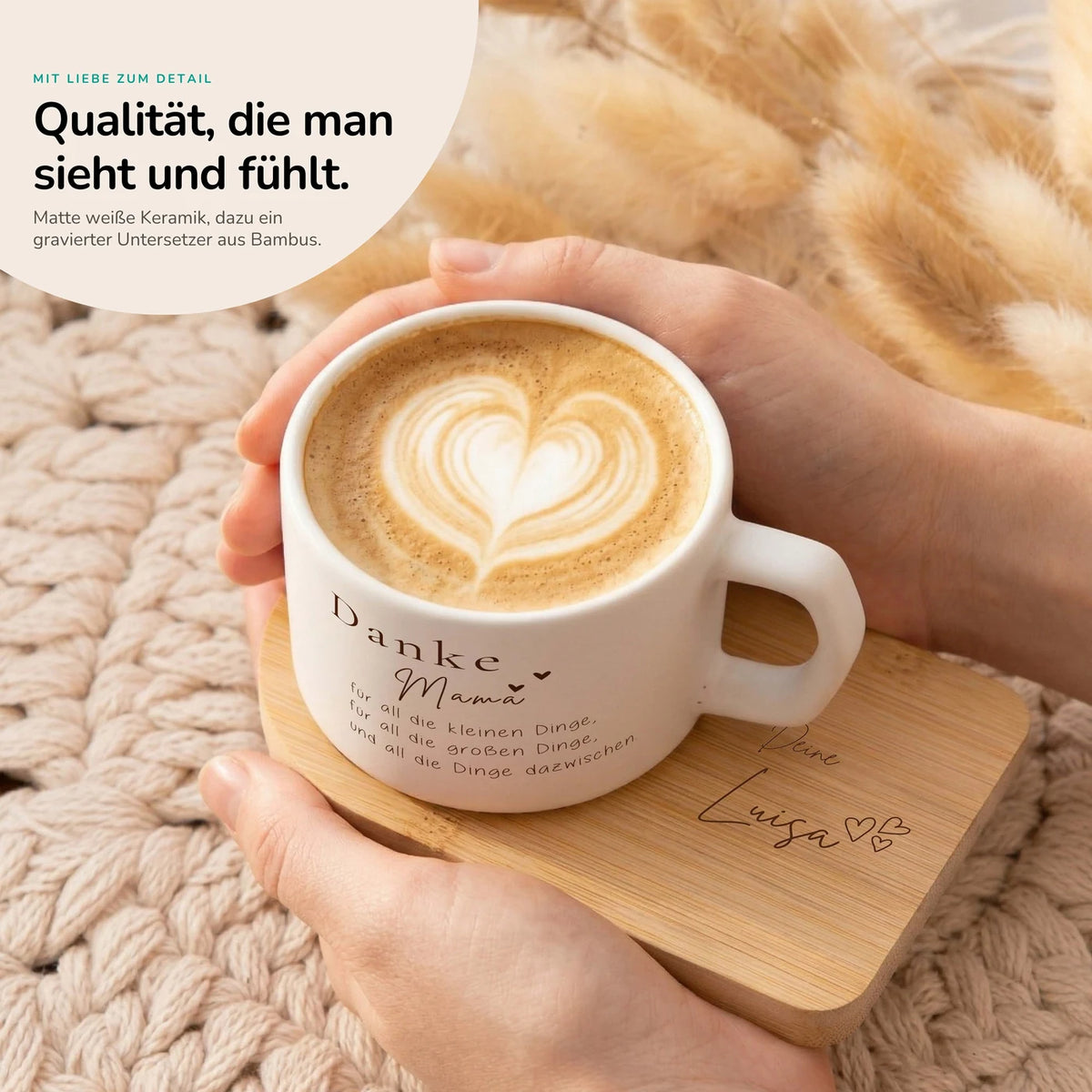 Muttertagsgeschenk Keramikbecher mit Untersetzer – Danke Mama – kleine und große Dinge