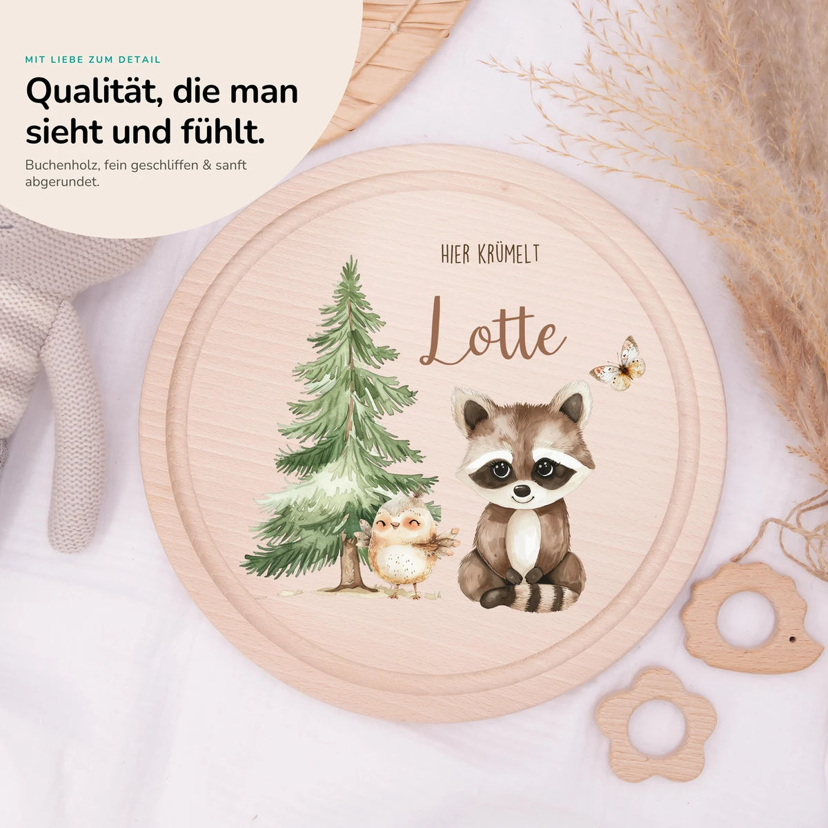 Rundes personalisiertes Frühstücksbrettchen Reh Waldtiere mit Namen für Kinder