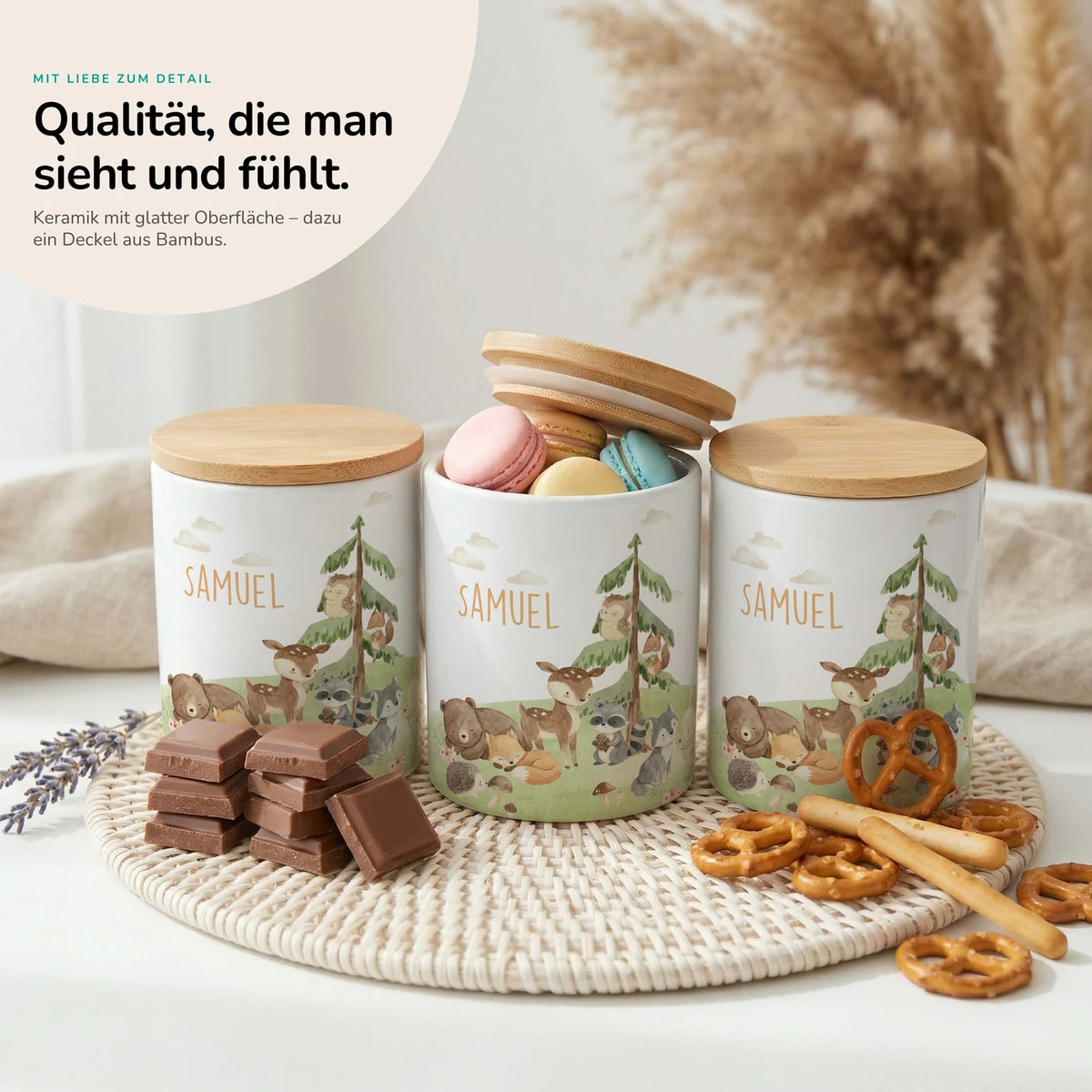 Personalisierte Keksdose Waldszene V â Keramik & Bambus mit Wunschname