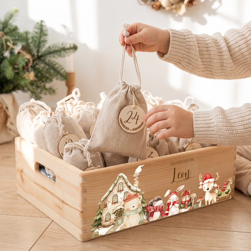 Adventskalender zum Befüllen "Winterdorf mit Tieren" personalisiert