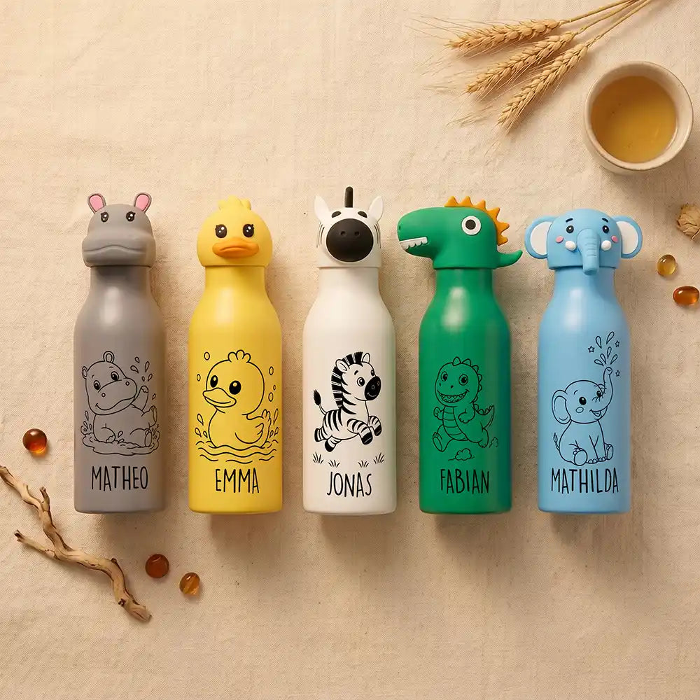 Personalisierte Trinkflasche Kinder Elefant, Thermoflasche mit Name und Tierdeckel
