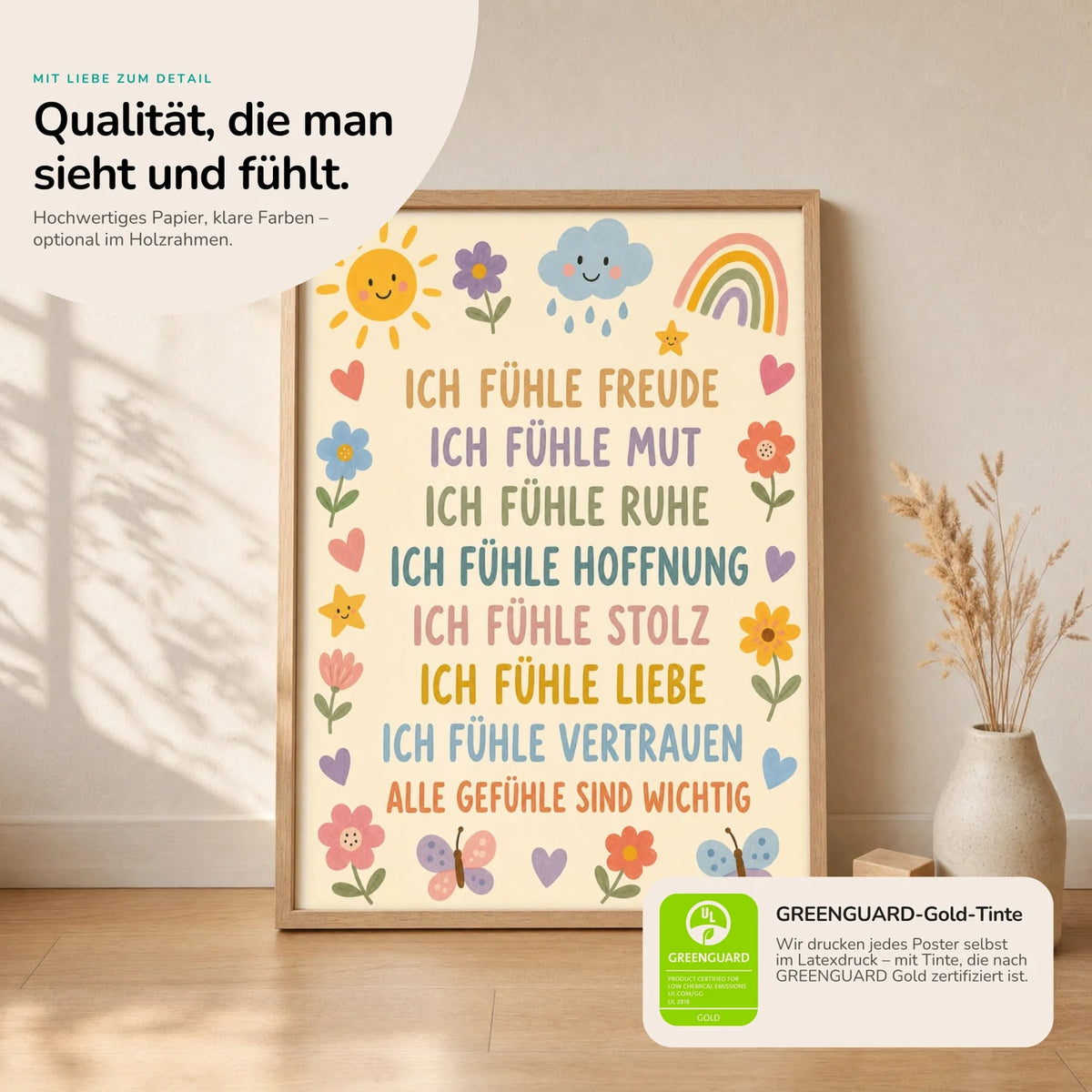 Kinderposter âBlumenwiese GefĂŒhleâ im Holzrahmen auf dem Regal â Poster mit SprĂŒchen fĂŒrs Kinderzimmer