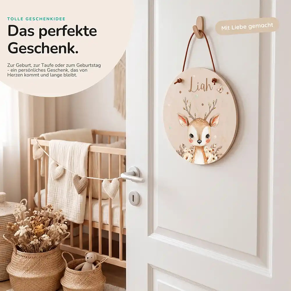 Türschild Kinderzimmer Hirsch mit Blumen, als persönliches Geschenk zur Geburt