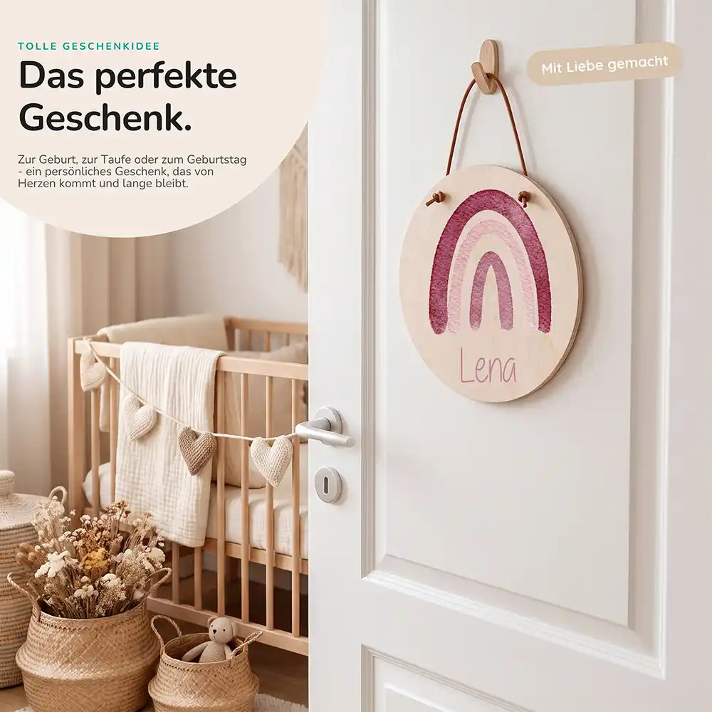 Türschild Kinderzimmer Regenbogen, als persönliches Geschenk zur Geburt