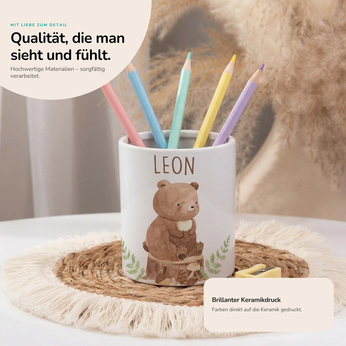 Personalisierter Stiftehalter BĂ€r Wald â Keramik mit Wunschname