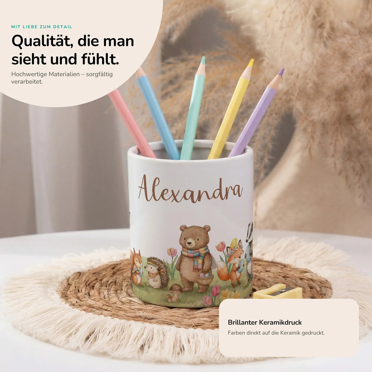 Personalisierter Stiftehalter Herbst-Waldtiere â Keramik mit Wunschname