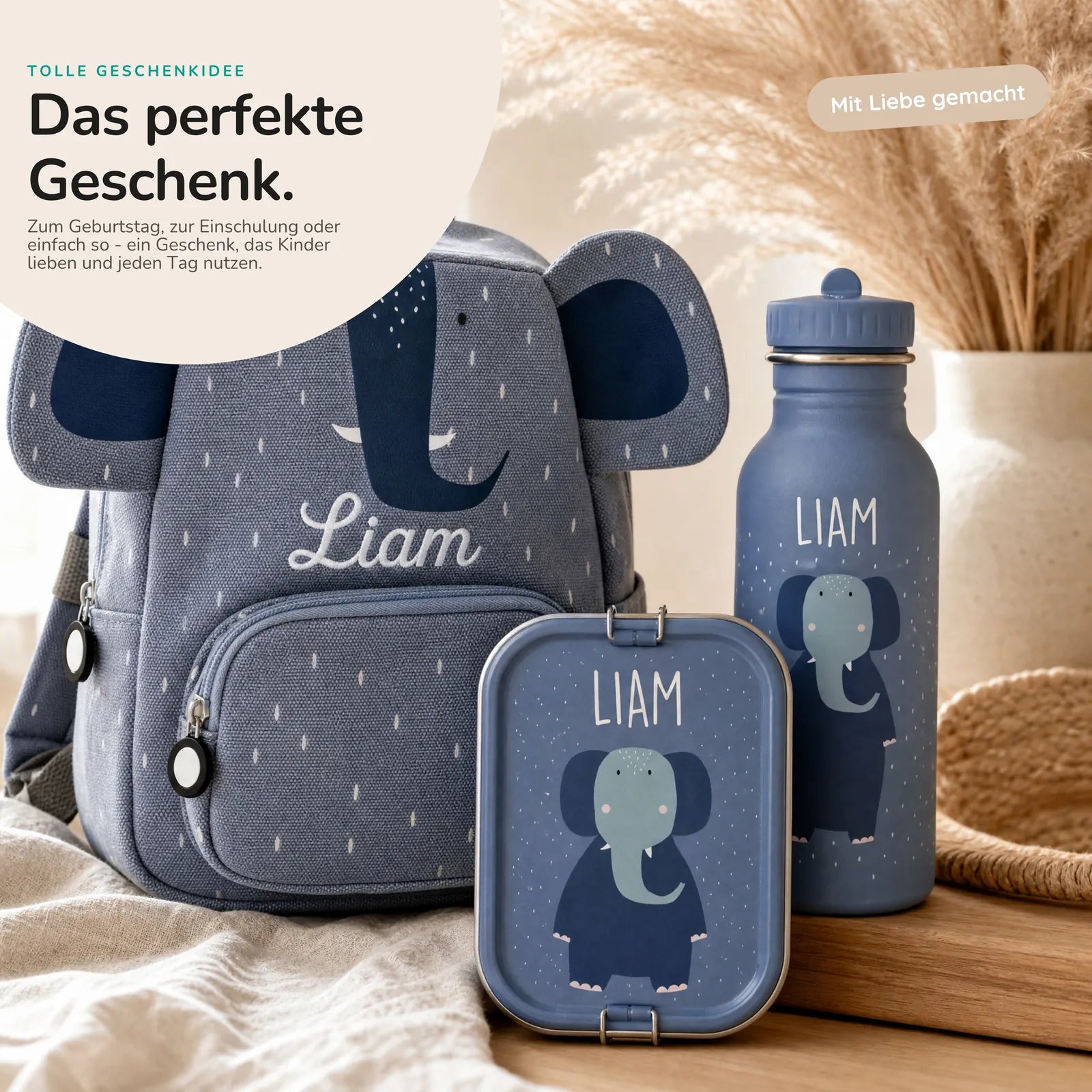 Trixie Kindergarten Set Elefant, Kita-Set mit Rucksack, Brotdose und Trinkflasche