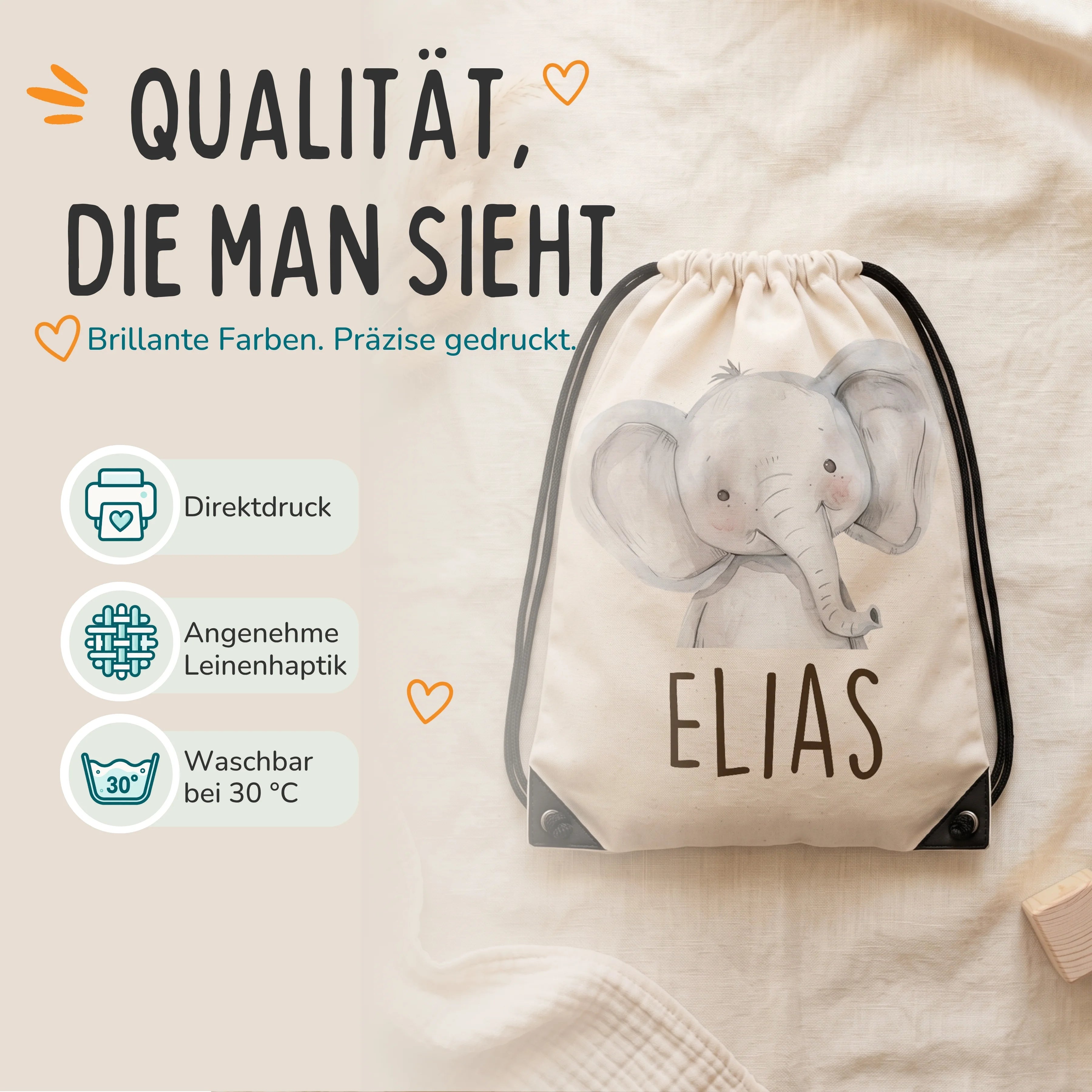 Personalisierter Turnbeutel Baby Elefant, Direktdruck auf Polyester mit Leinenhaptik, waschbar bei 30 °C