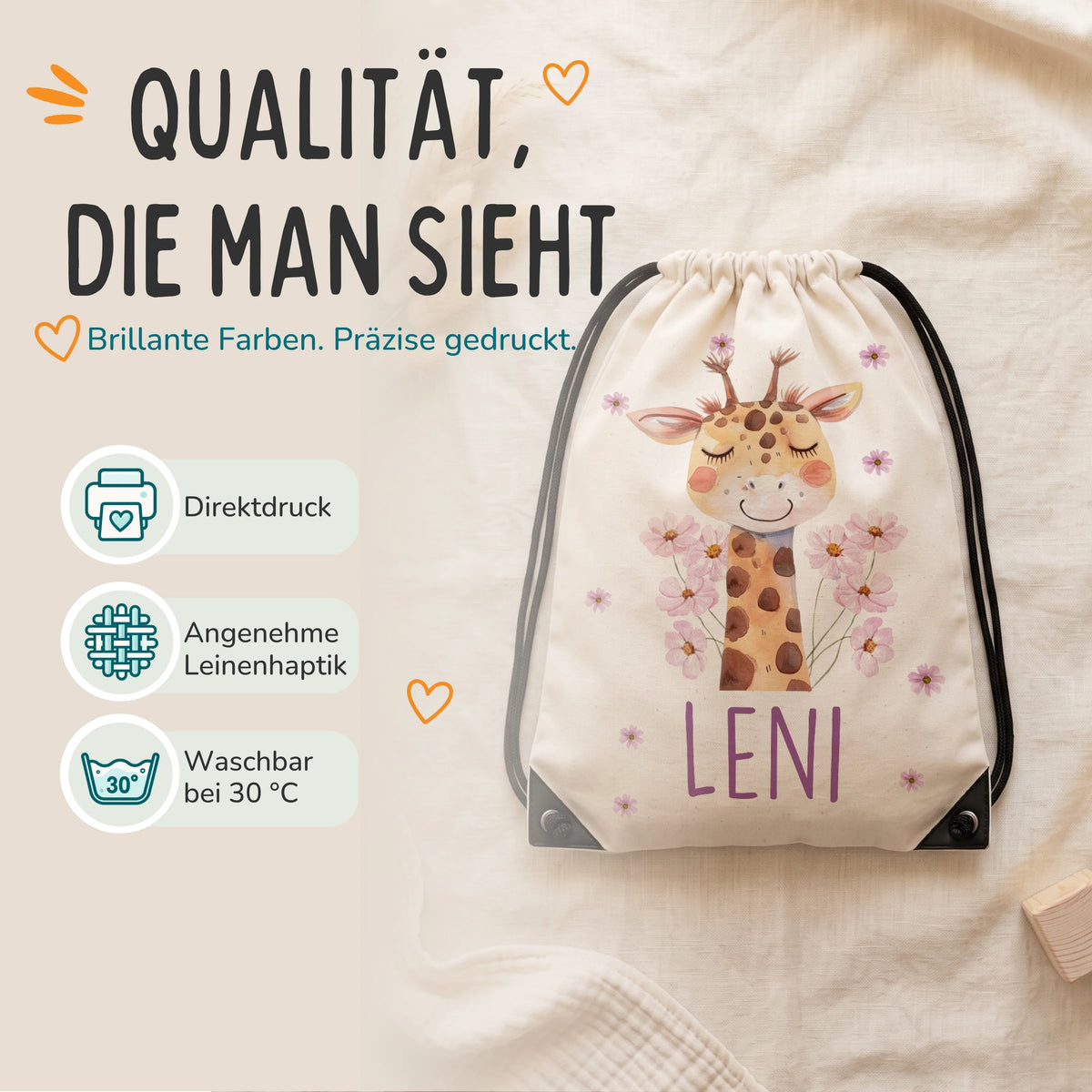 Personalisierter Turnbeutel Giraffe, Direktdruck auf Polyester mit Leinenhaptik, waschbar bei 30 °C