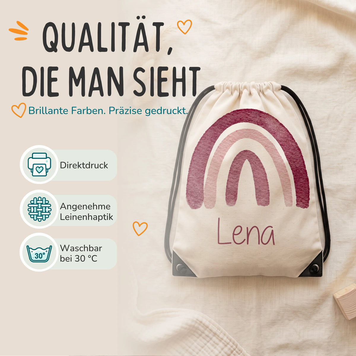 Personalisierter Turnbeutel Regenbogen, Direktdruck auf Polyester mit Leinenhaptik, waschbar bei 30 °C