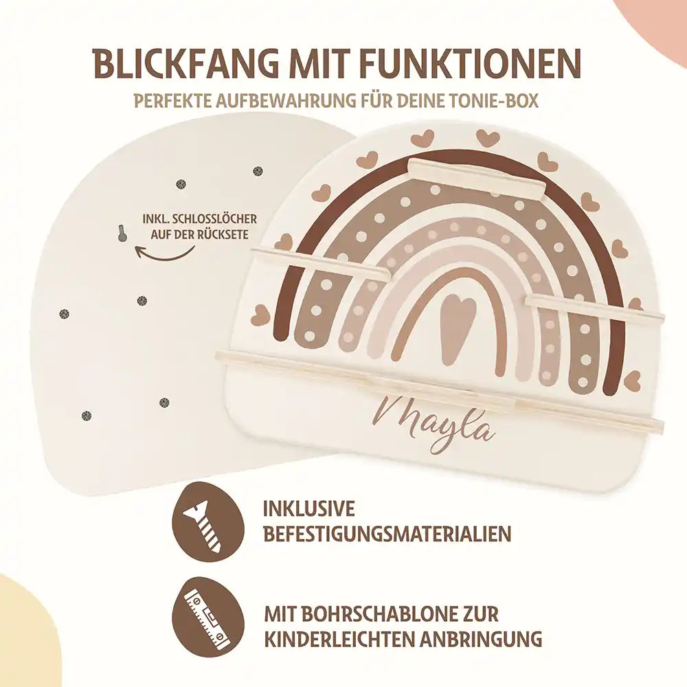 holztregal mit regenbogen und herz motiv für toniebox