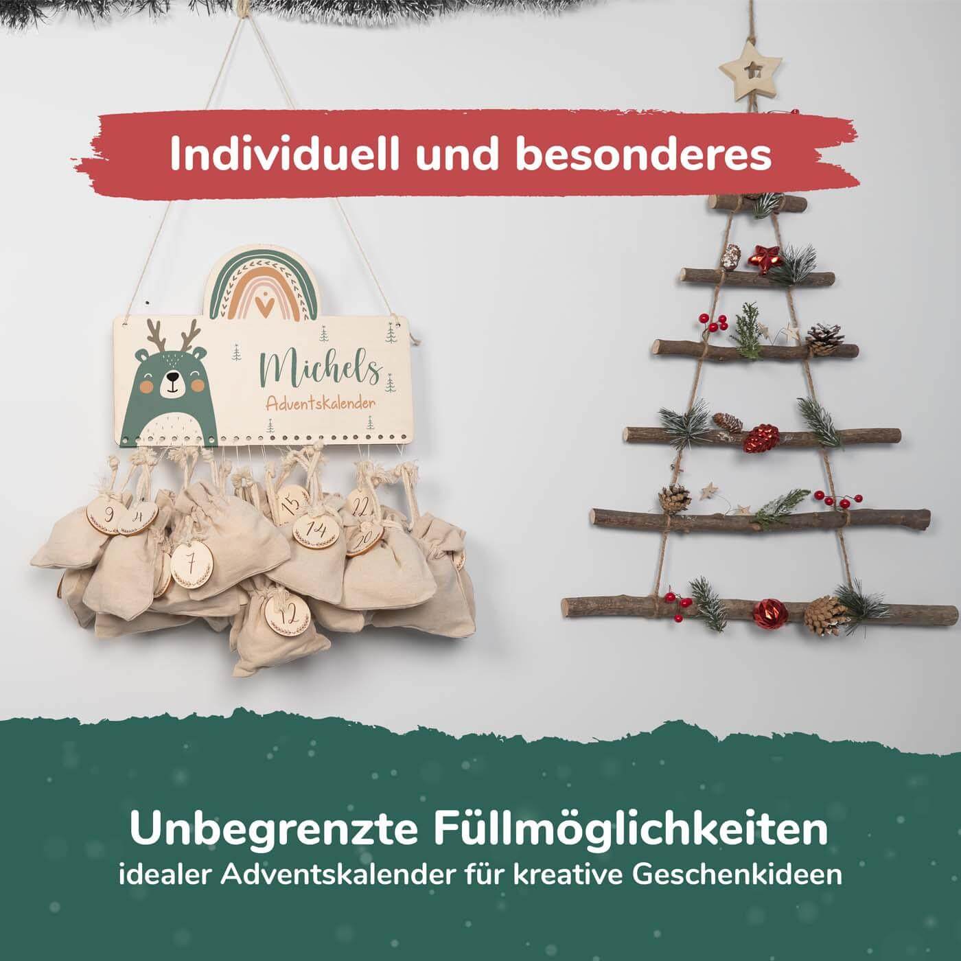 advent calendar with rainbow motif and personalized name