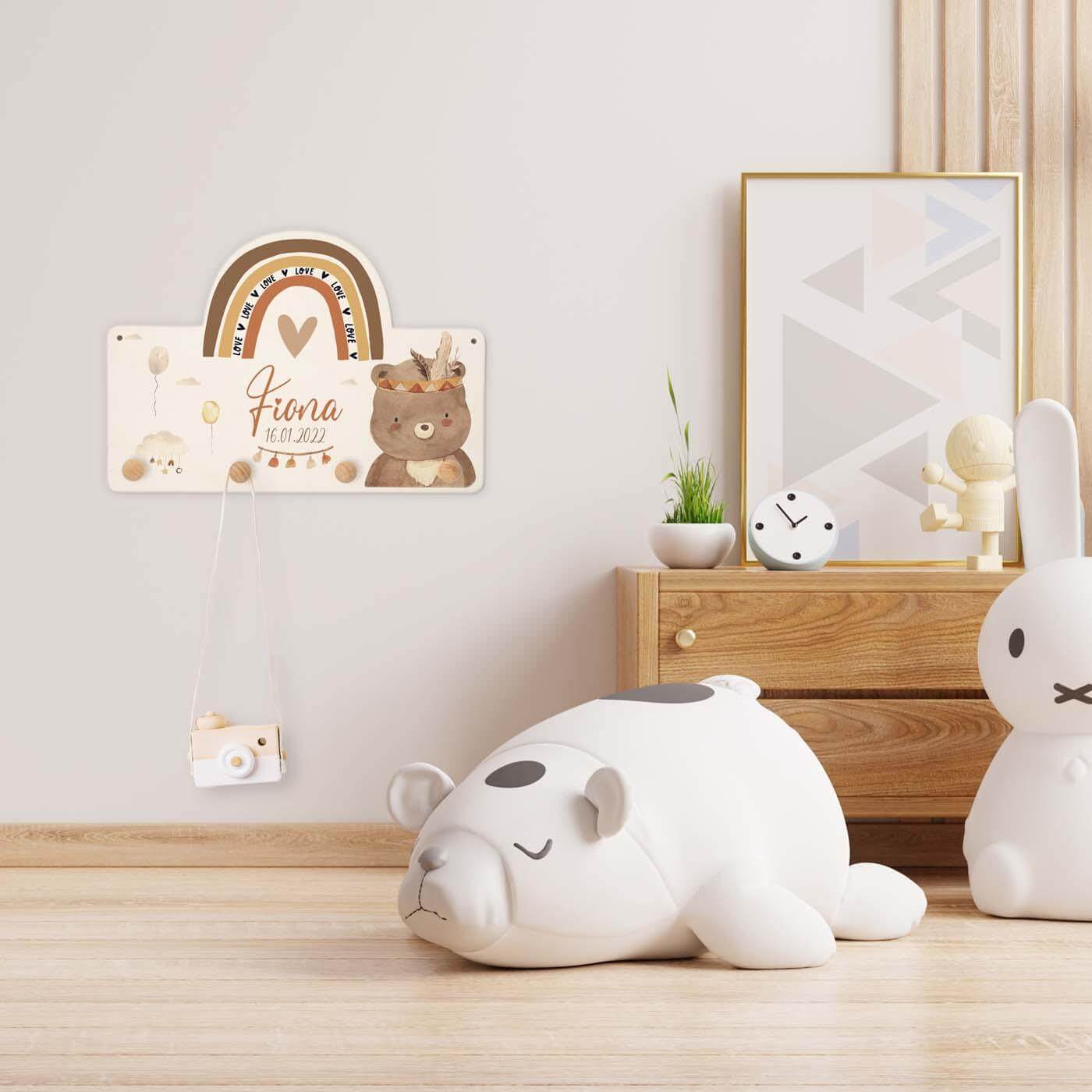 close-up of the rainbow bear coat rack