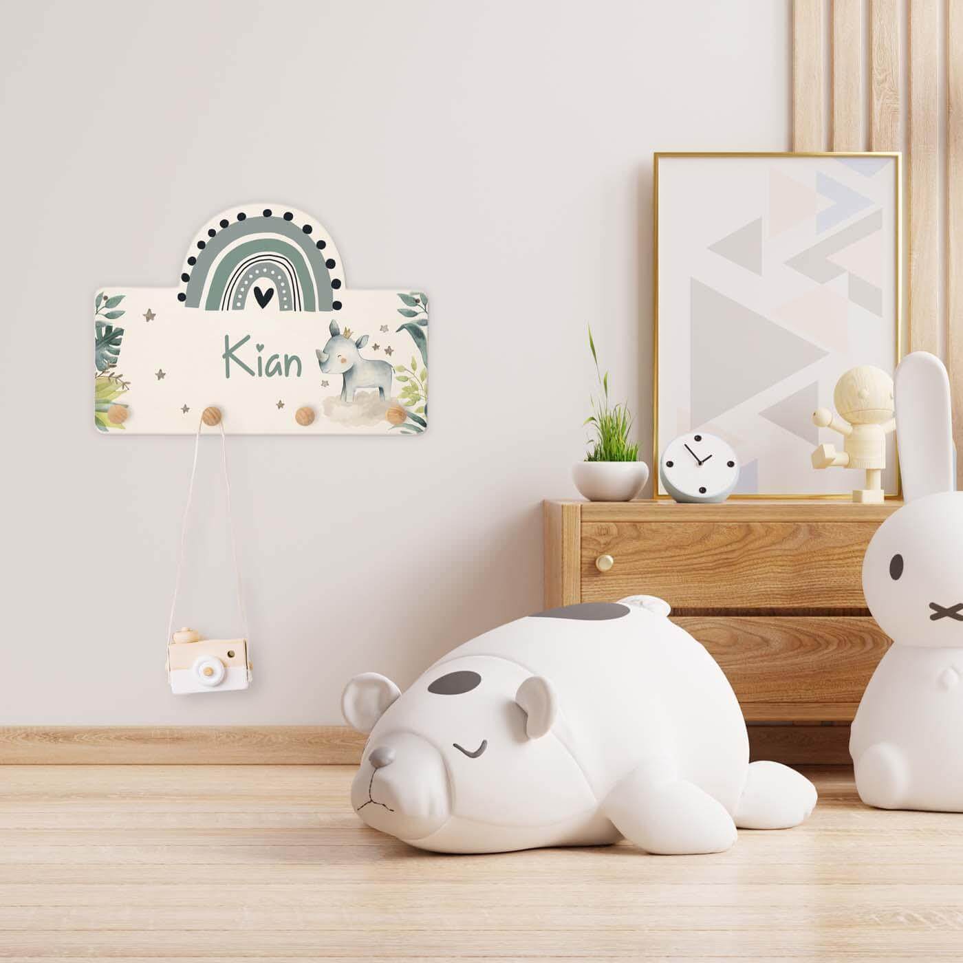 close-up of the rainbow rhinoceros coat rack