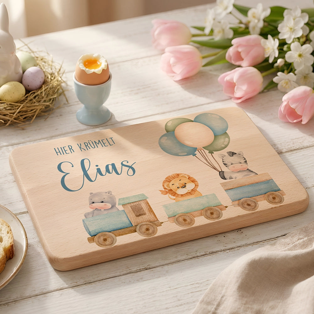 Frühstücksbrettchen Holz personalisiert Tiere Eisenbahn