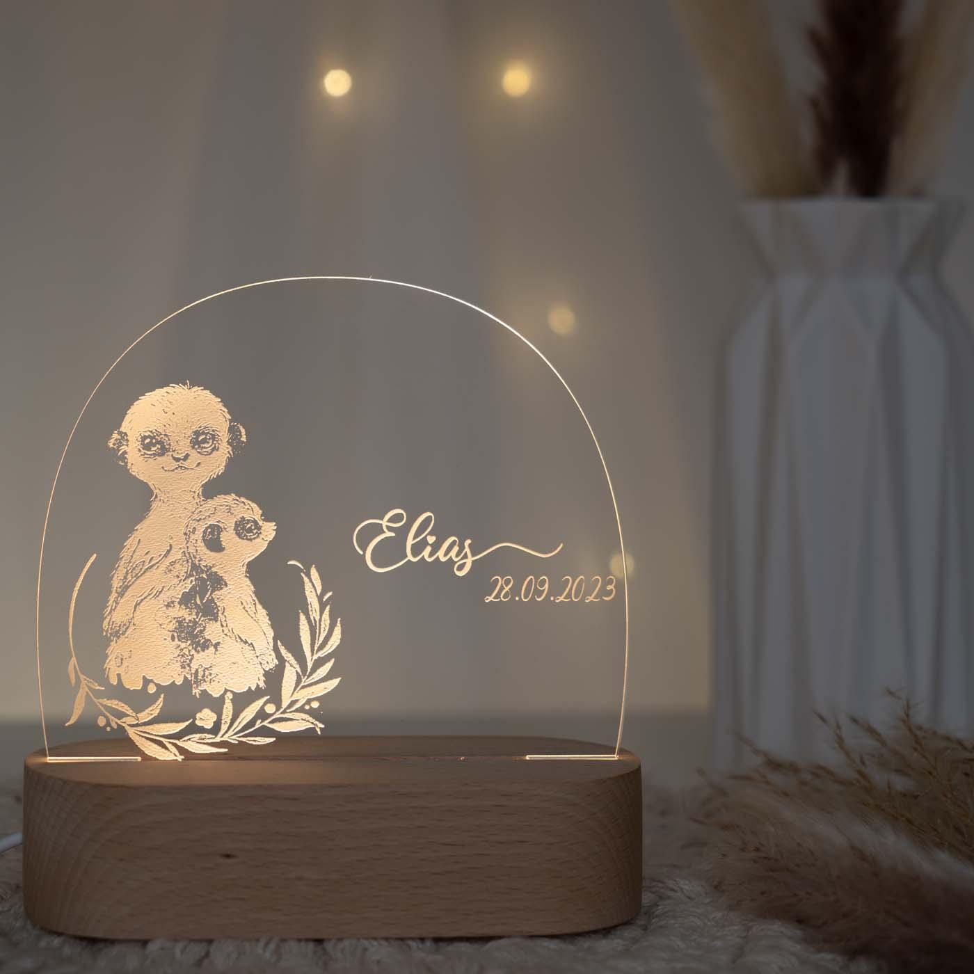 Personalisierte Nachtlampe für Kinder - Erdmännchen - Name und Geburtsdatum