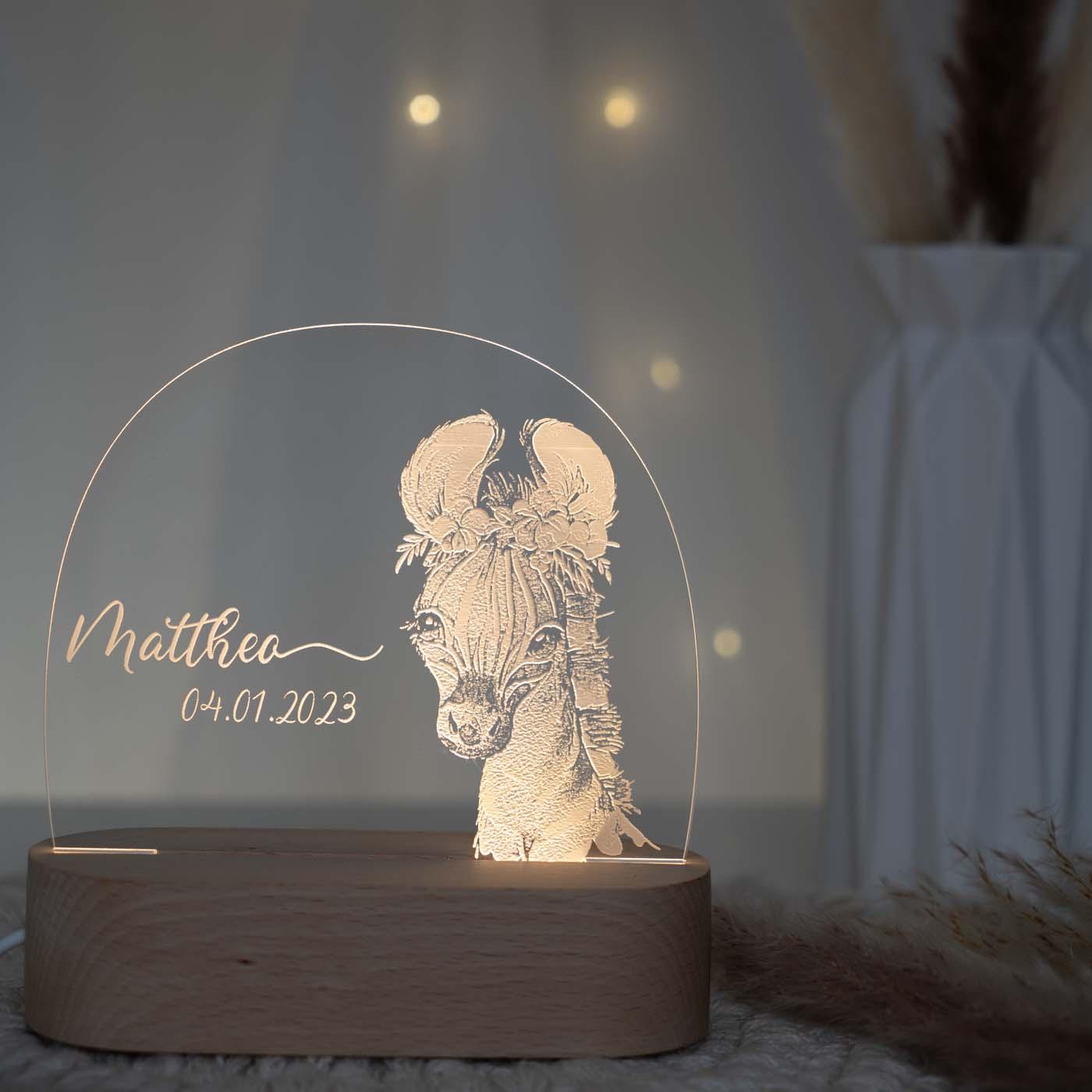 Personalisierte Nachtlampe für Kinder - Zebra - Name und Geburtsdatum