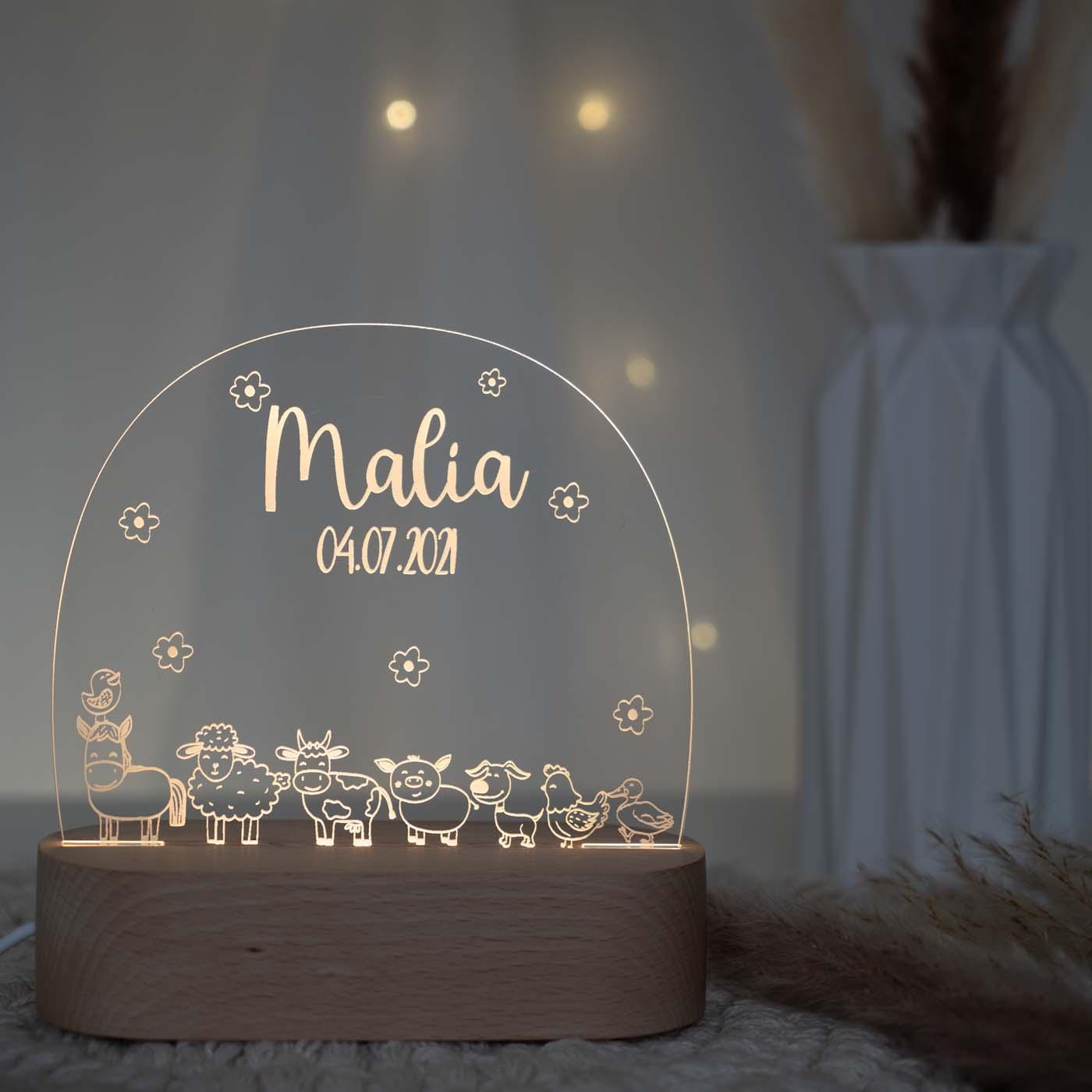 Personalisierte Nachtlampe für Kinder - Bauernhof - Name und Geburtsdatum