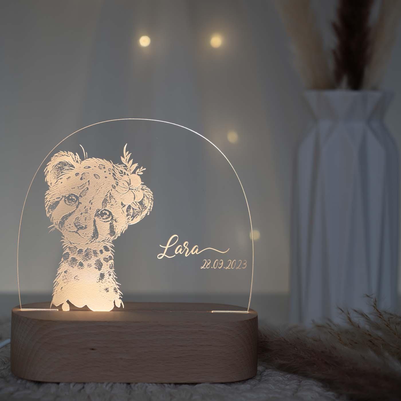 Personalisierte Nachtlampe für Kinder - Baby Leopard - Name und Geburtsdatum