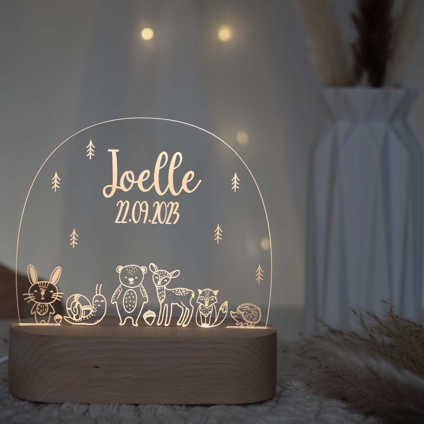 Personalisierte Nachtlampe für Kinder - Baby Waldtiere - Name und Geburtsdatum
