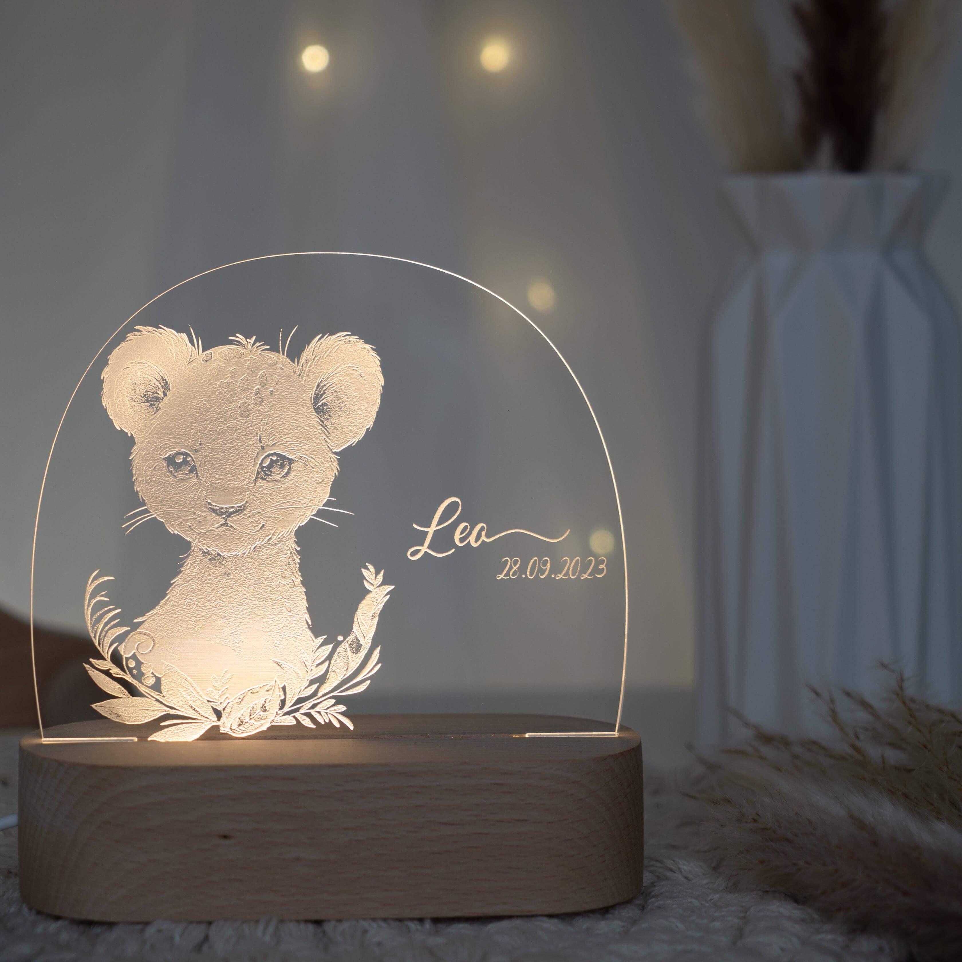 Personalisierte Nachtlampe für Kinder - Baby Löwe - Name und Geburtsdatum