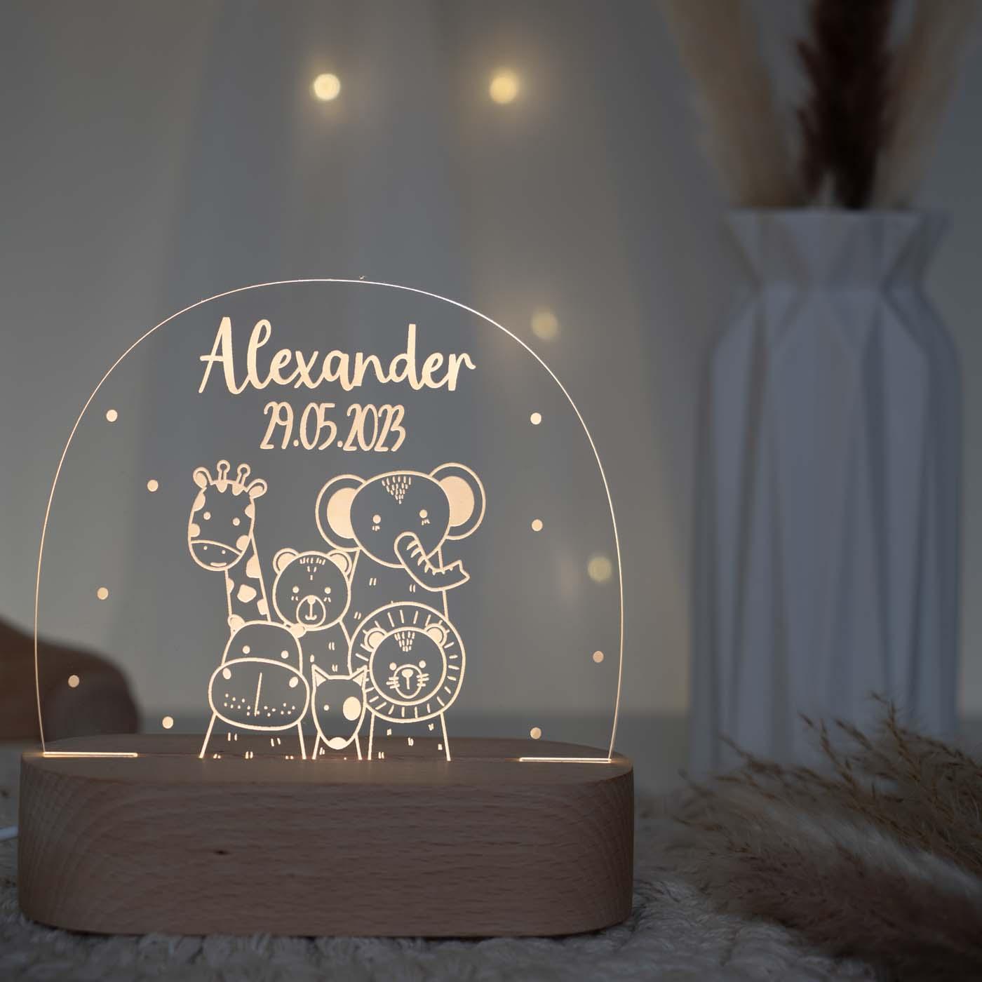 Personalisierte Nachtlampe für Kinder - Tierfreunde - Name und Geburtsdatum