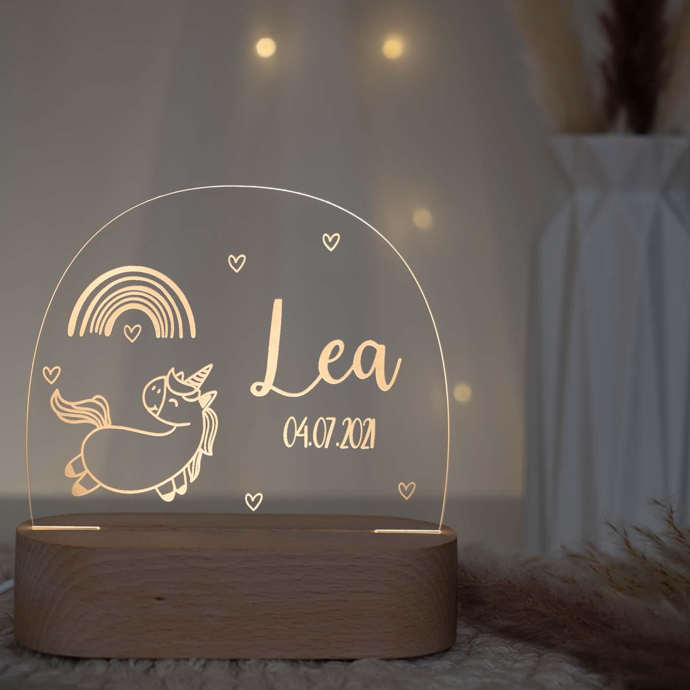 Personalisierte Nachtlampe für Kinder - Einhorn Regenbogen - Name und Geburtsdatum