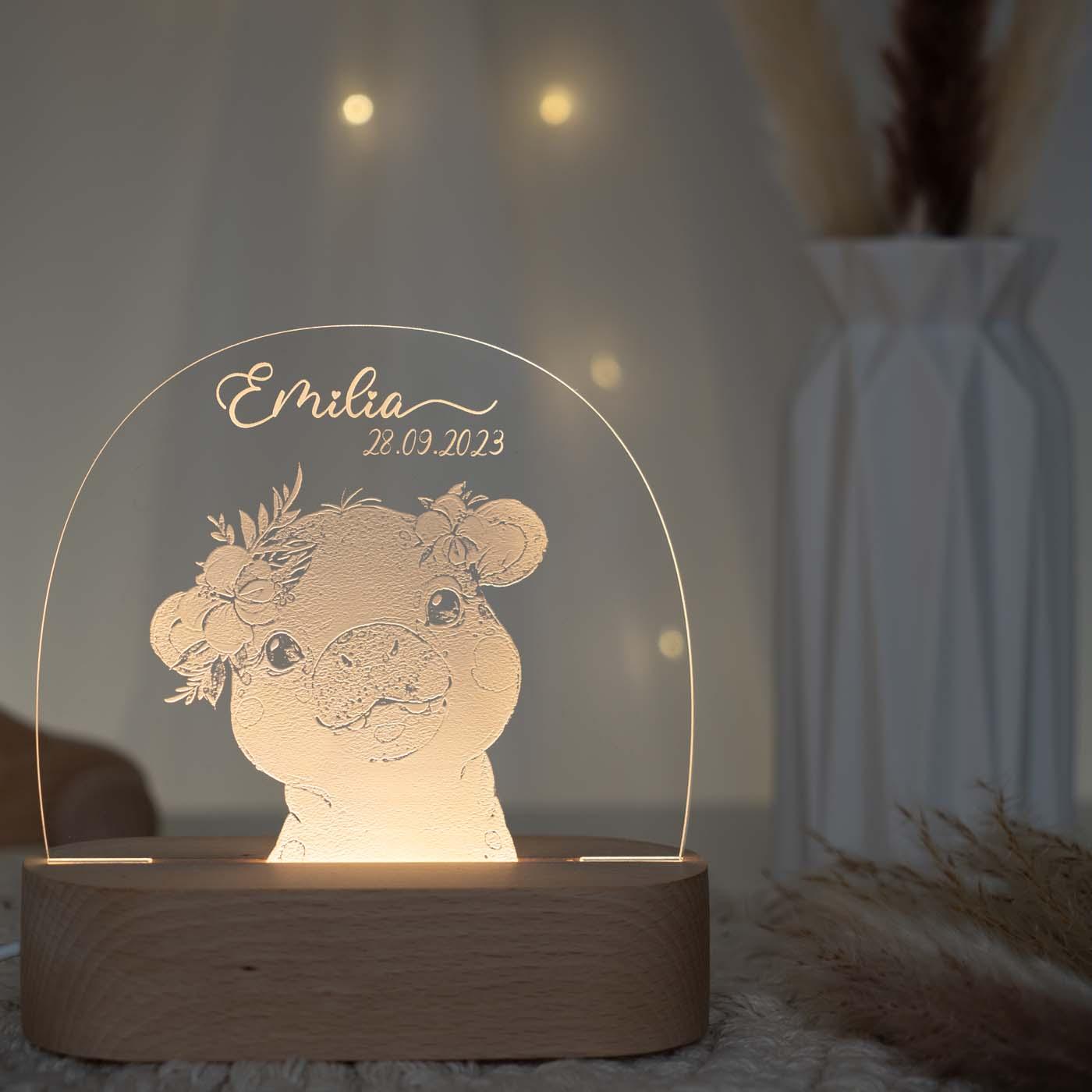 Personalisierte Nachtlampe für Kinder - Nilpferd - Name und Geburtsdatum