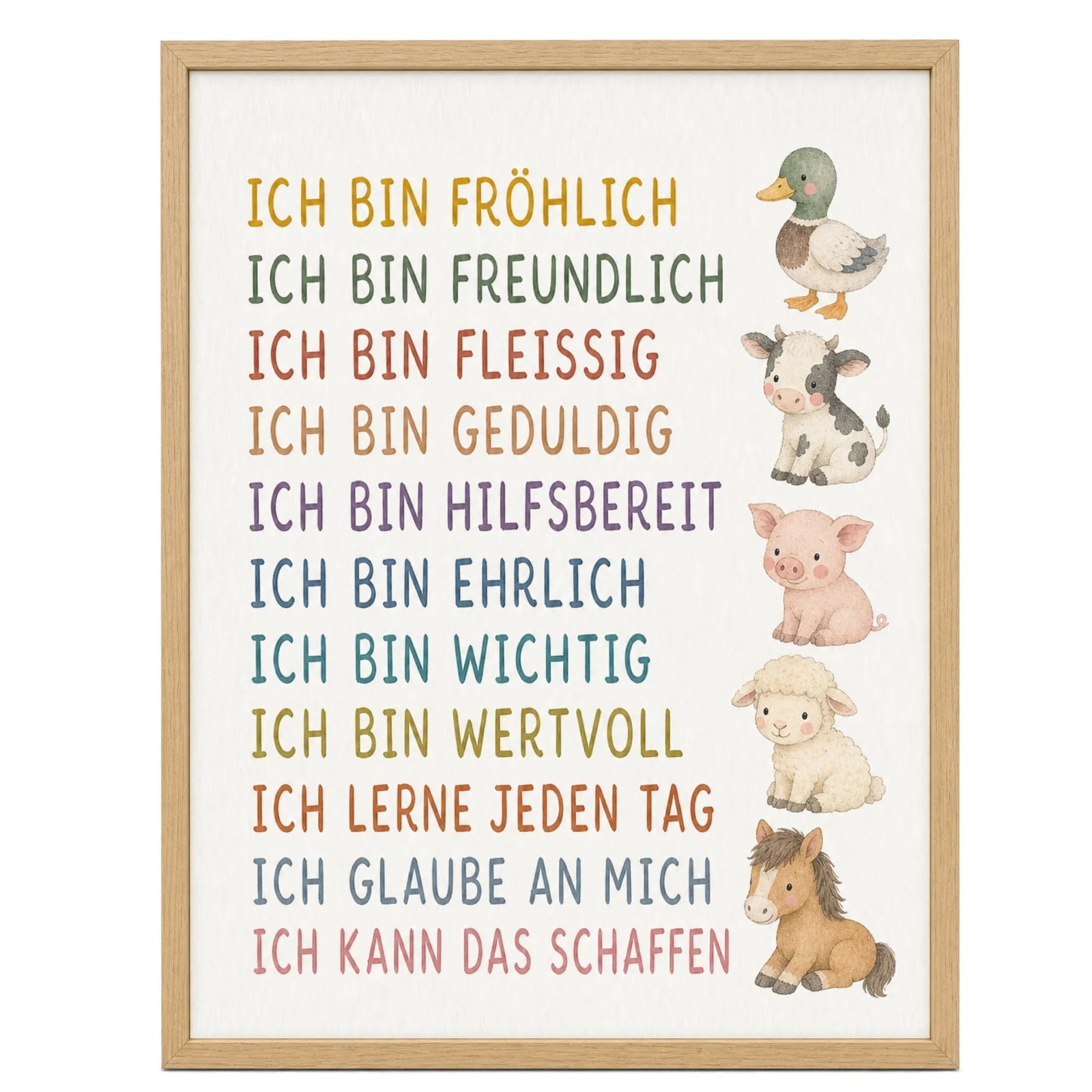 Affirmationsposter Kinderzimmer Bauernhoftiere, im Mädchenzimmer