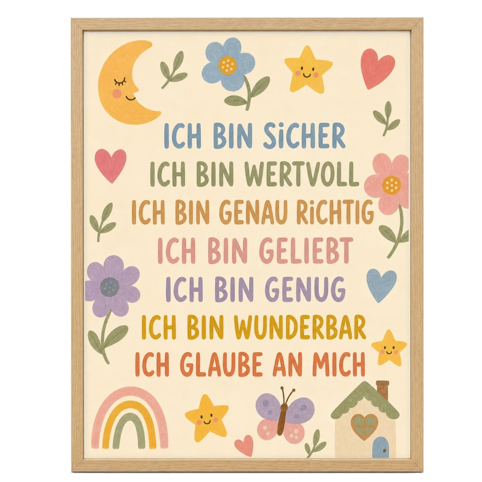 Affirmationsposter Kinderzimmer Blumenwiese Ich bin sicher, im MĂ€dchenzimmer