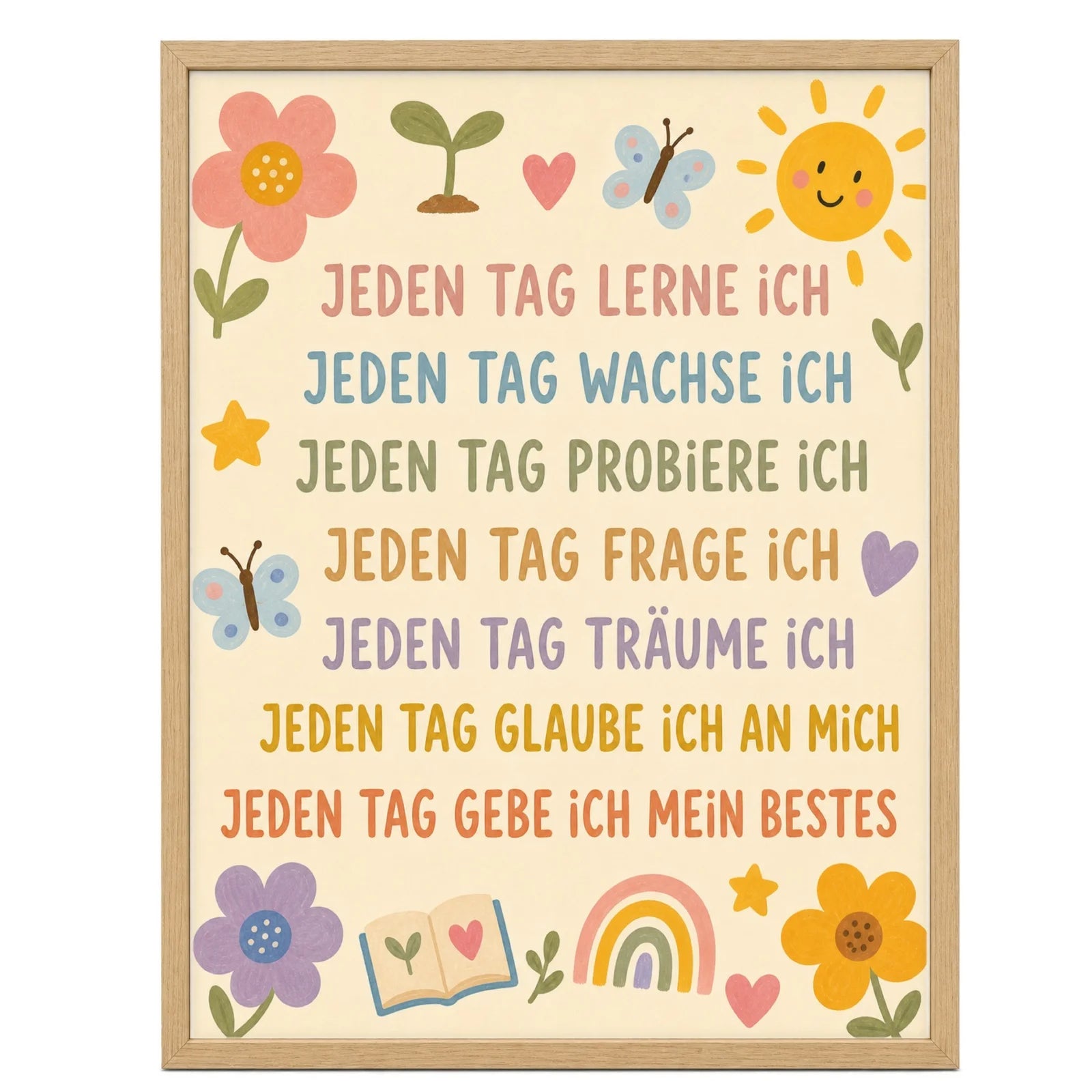 Affirmationsposter Kinderzimmer Blumenwiese Jeden Tag, im MĂ€dchenzimmer