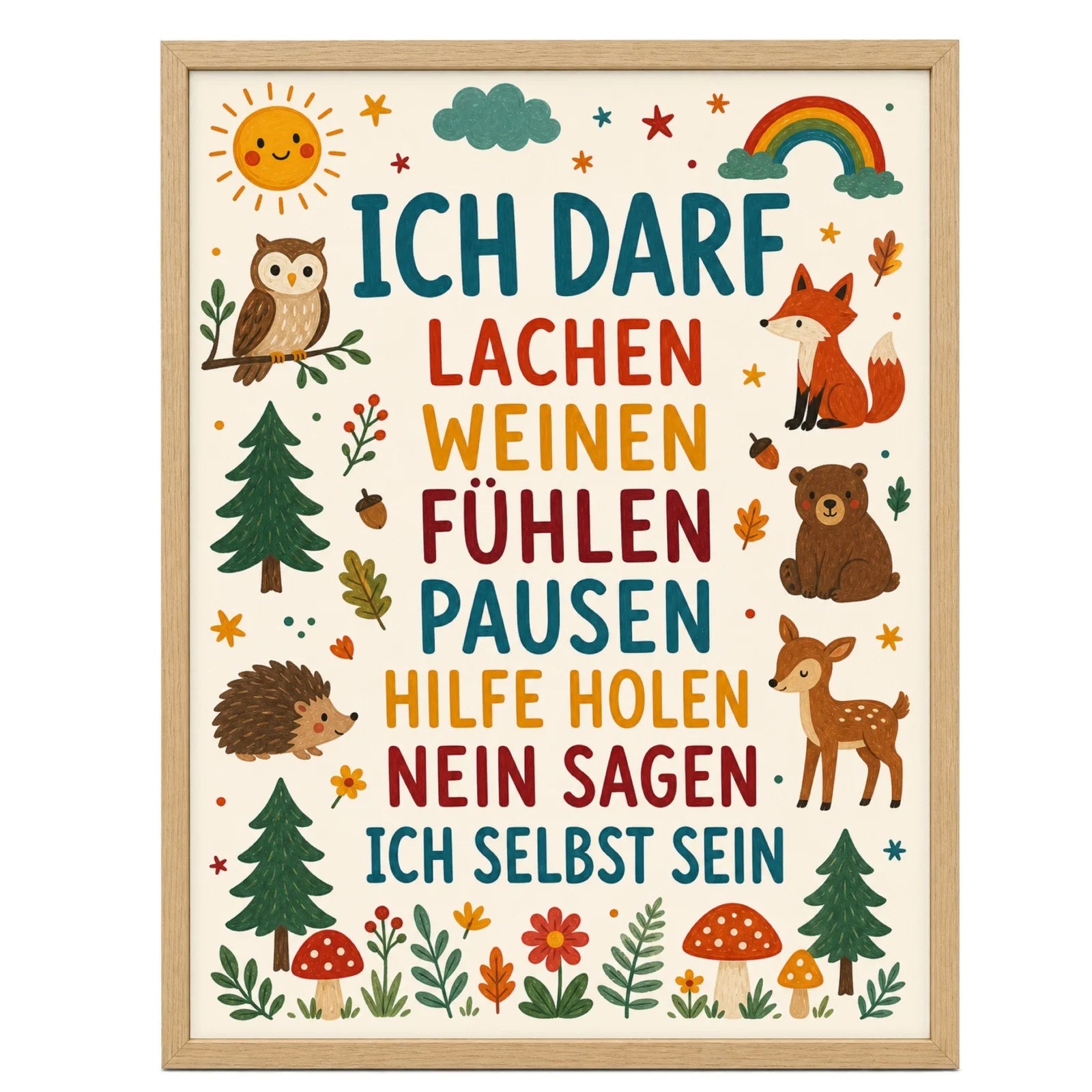 Affirmationsposter Kinderzimmer Wald Ich darf lachen, im Mädchenzimmer
