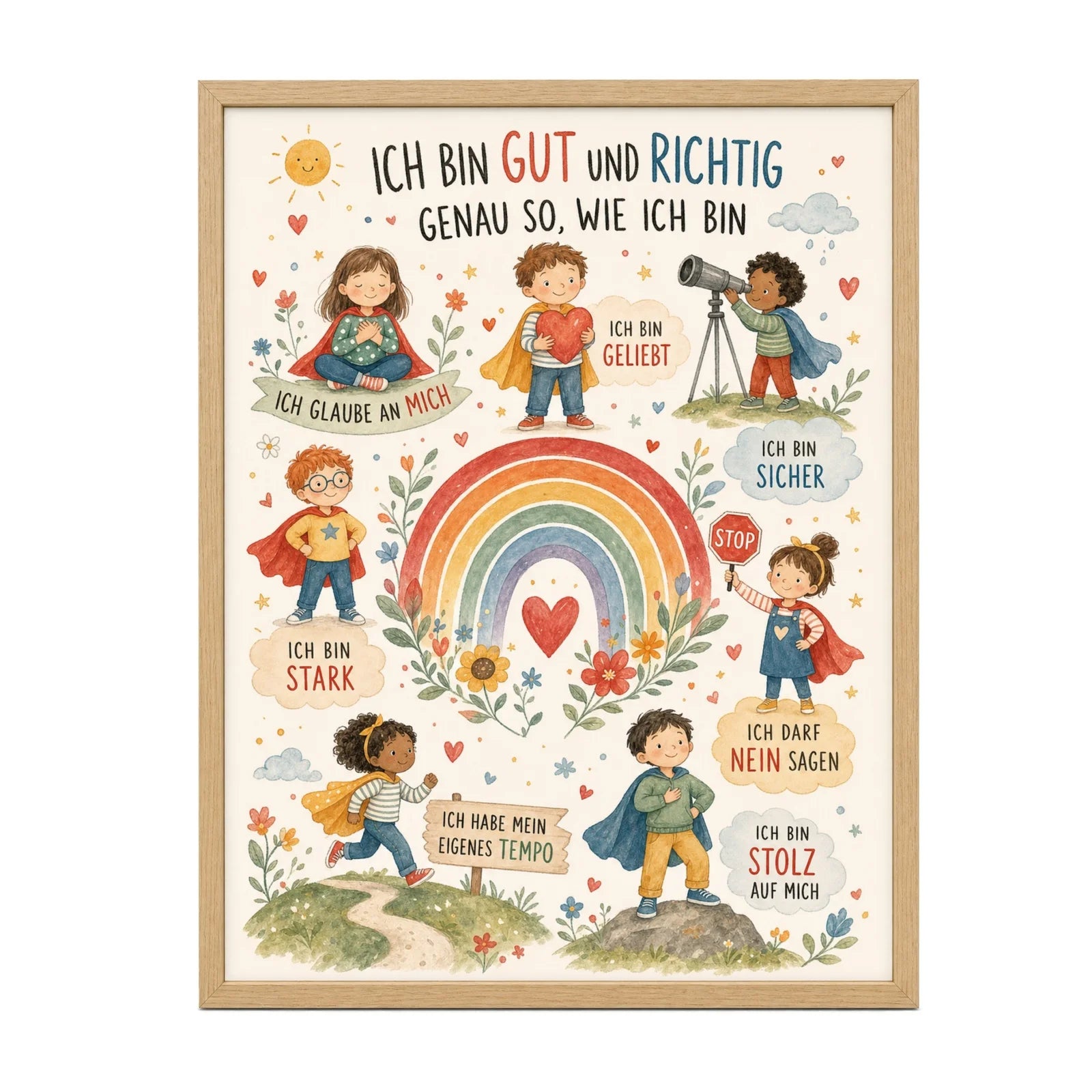 Affirmationsposter Kinderzimmer Wimmelbild Ich bin gut und richtig, im MĂ€dchenzimmer