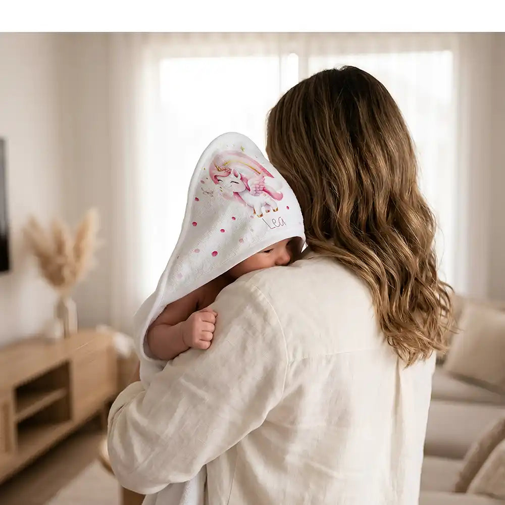 Personalisiertes Kapuzenhandtuch Baby Einhorn Rosa – Kuscheln nach dem Bad mit Mama