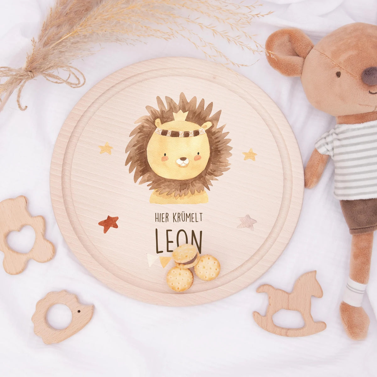 Rundes personalisiertes Frühstücksbrettchen Boho Löwe mit Namen für Kinder