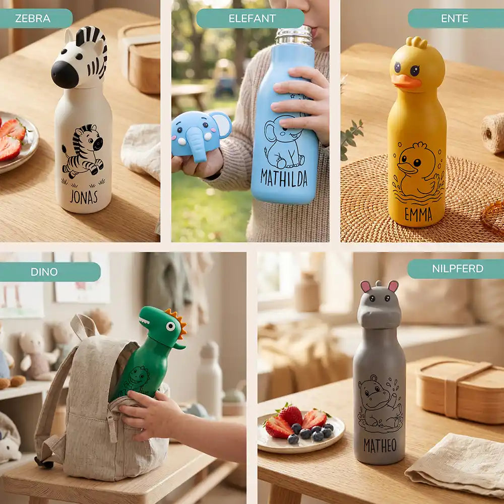 Personalisierte Trinkflasche Kinder Elefant, fünf Tiermotive zur Auswahl
