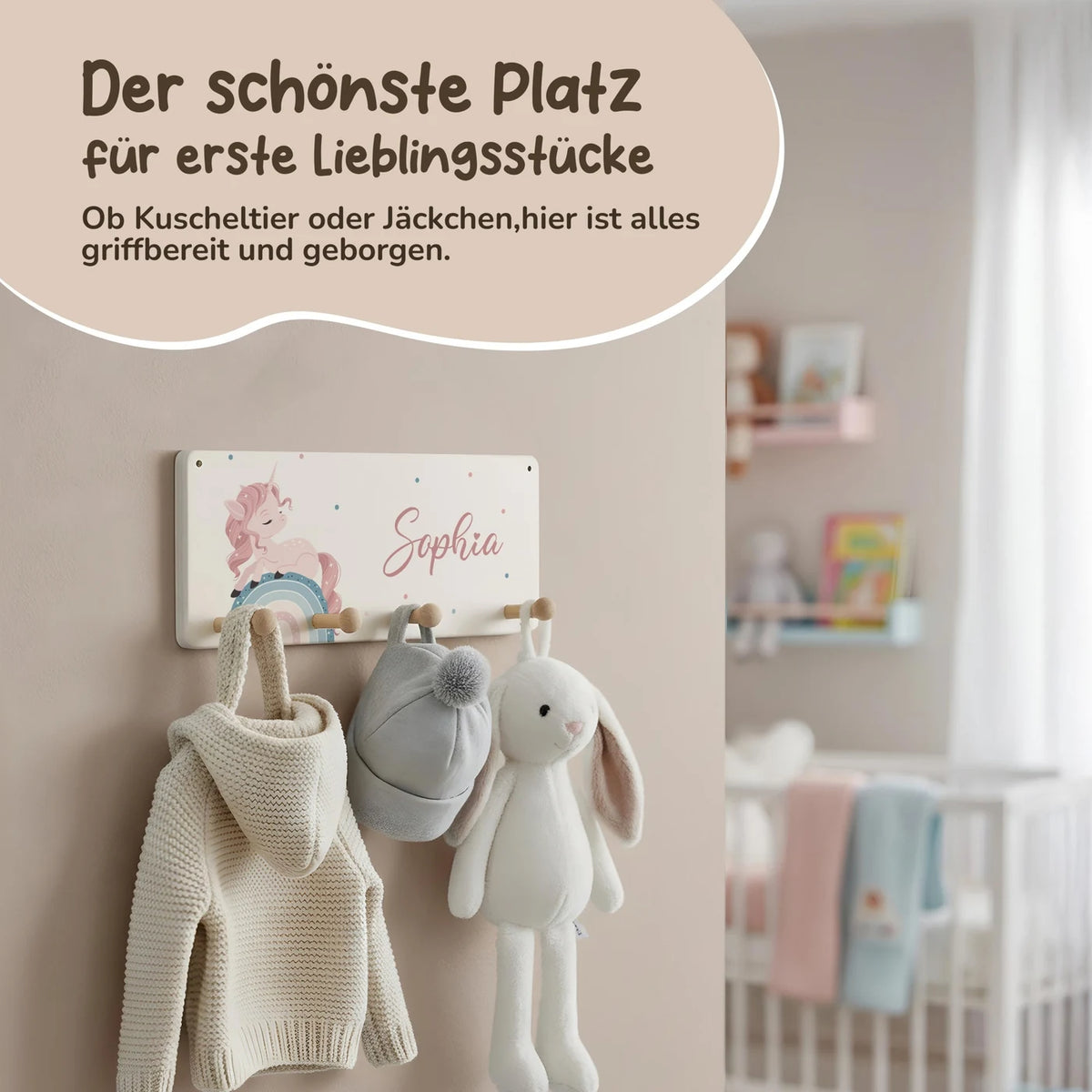 Kindergarderobe Holz personalisiert - Einhorn