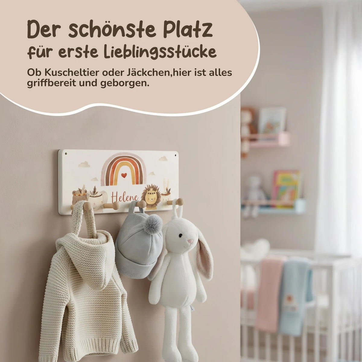 Kindergarderobe Holz personalisiert - Boho Regenbogen & Tiere