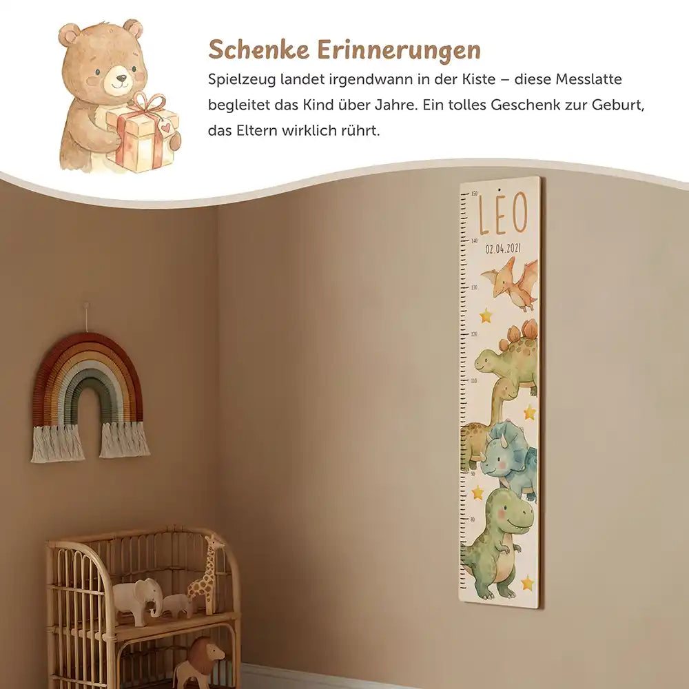 Messlatte Kinder Holz & Aluverbund - Niedliche Dinosaurier