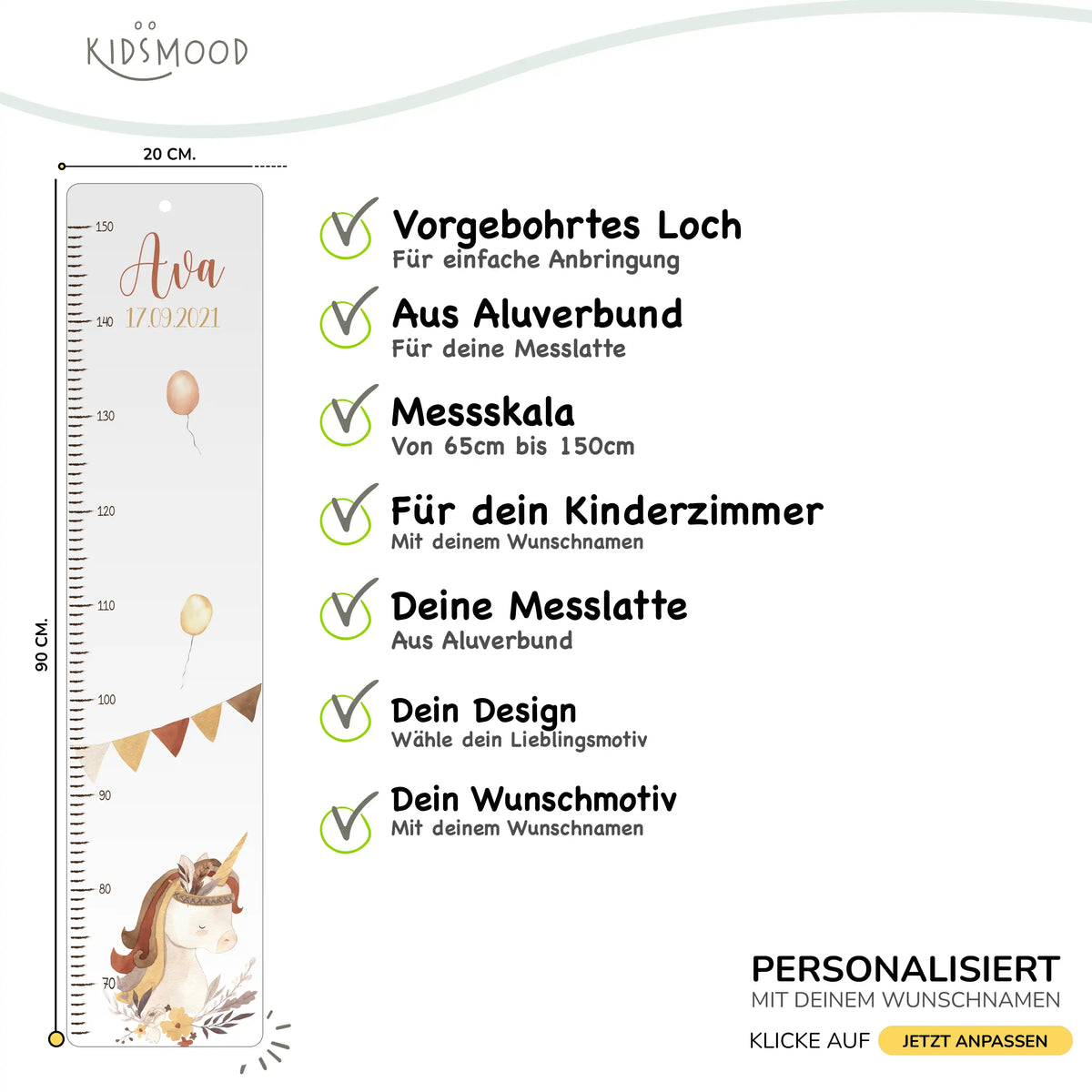 Messlatte Kinder Holz & Aluverbund - EInhorn
