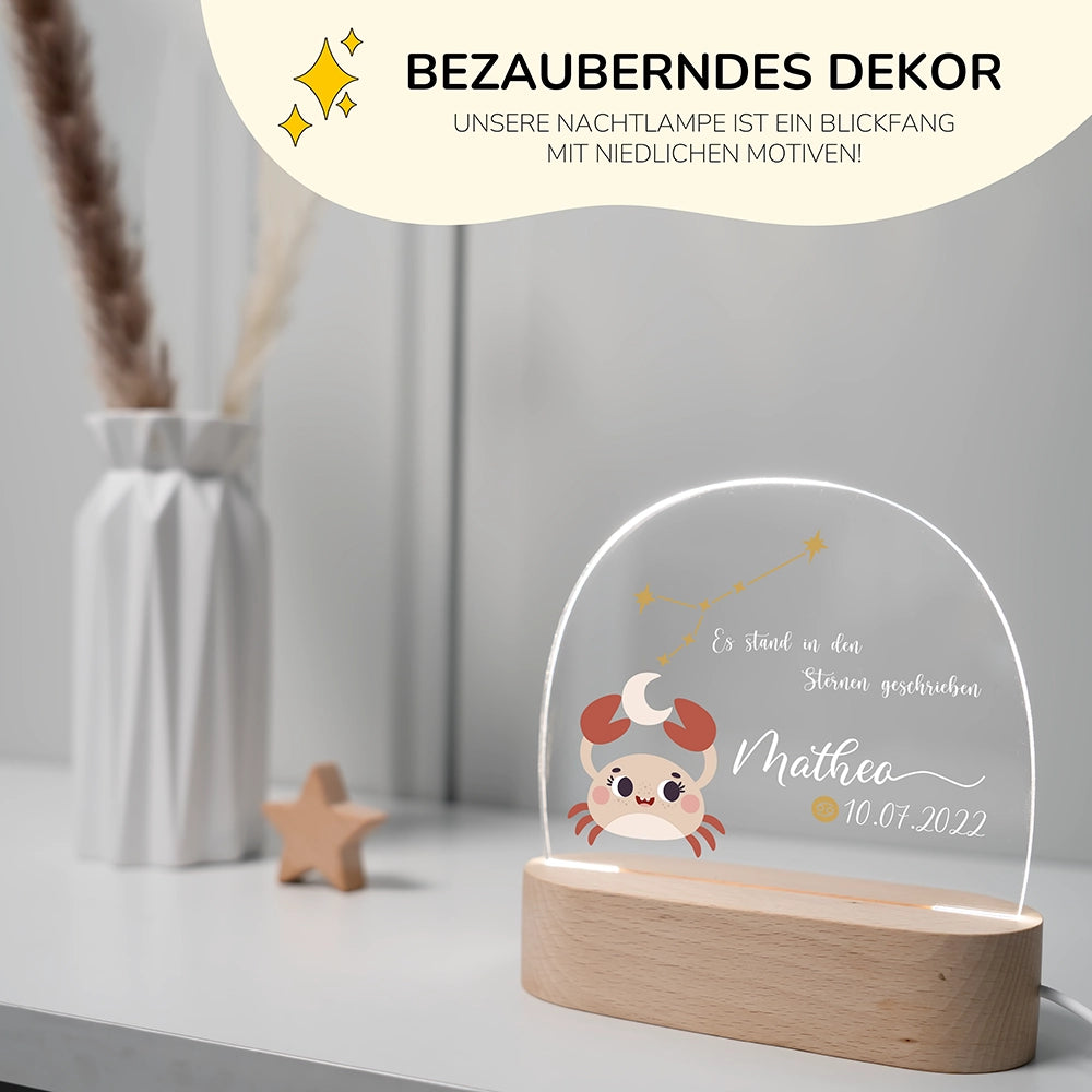 Personalisierte Nachtlampe Sternzeichen Krebs als Deko im Kinderzimmer