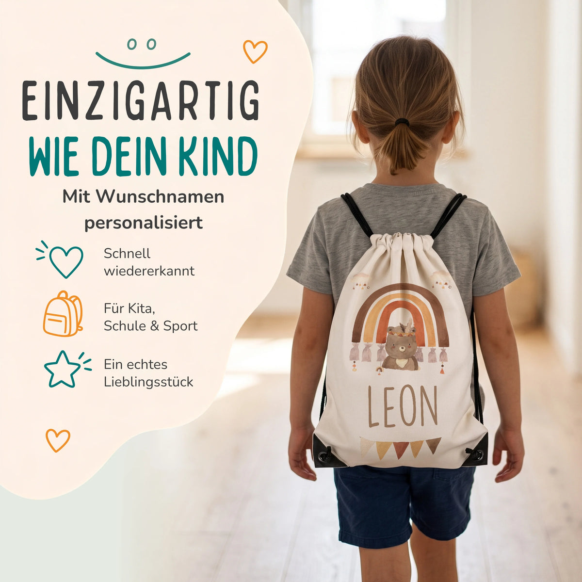 Personalisierter Turnbeutel Boho BĂ€r Regenbogen, Kind trĂ€gt den Beutel auf dem RĂŒcken