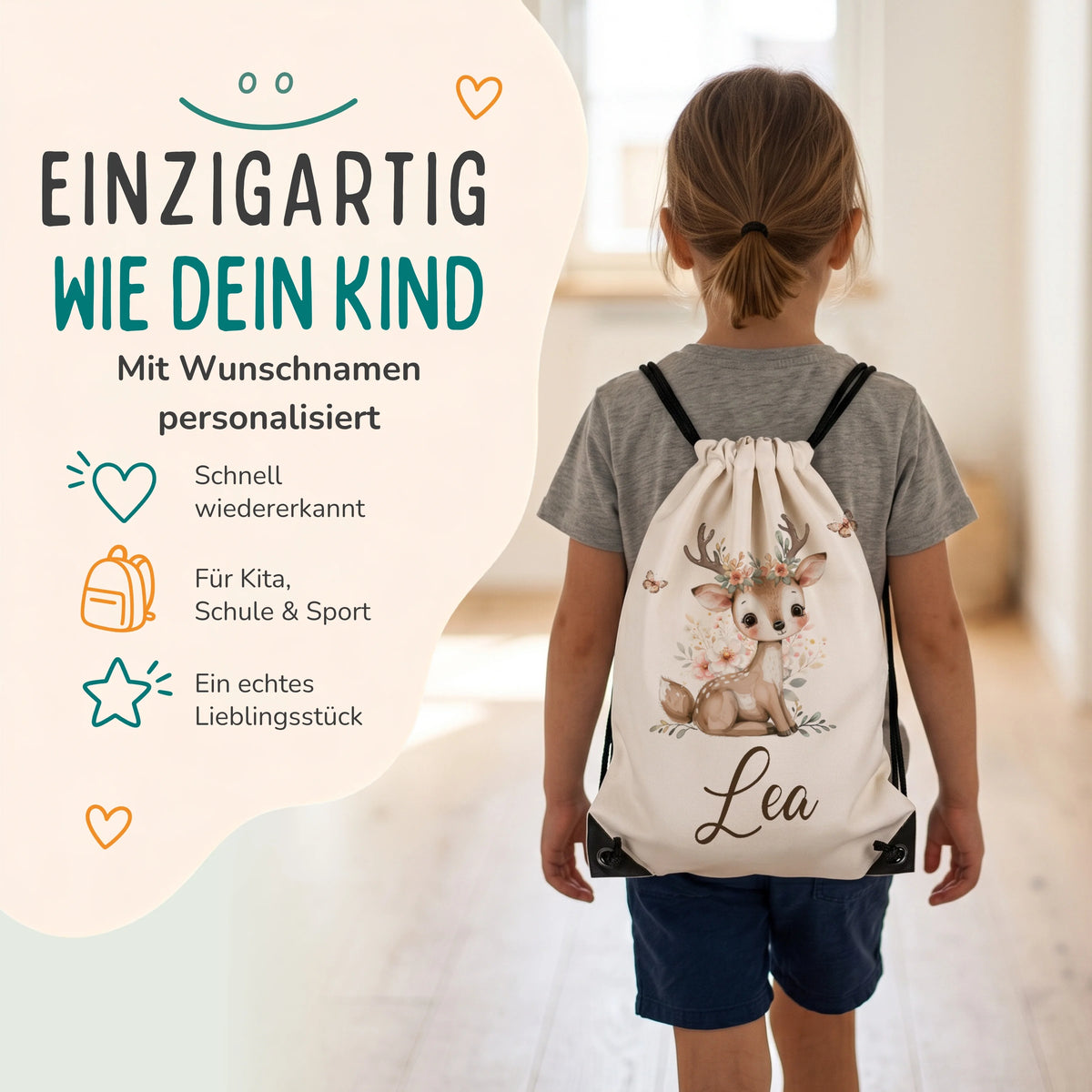 Personalisierter Turnbeutel Reh mit Blumenkranz, Kind trägt den Beutel auf dem Rücken