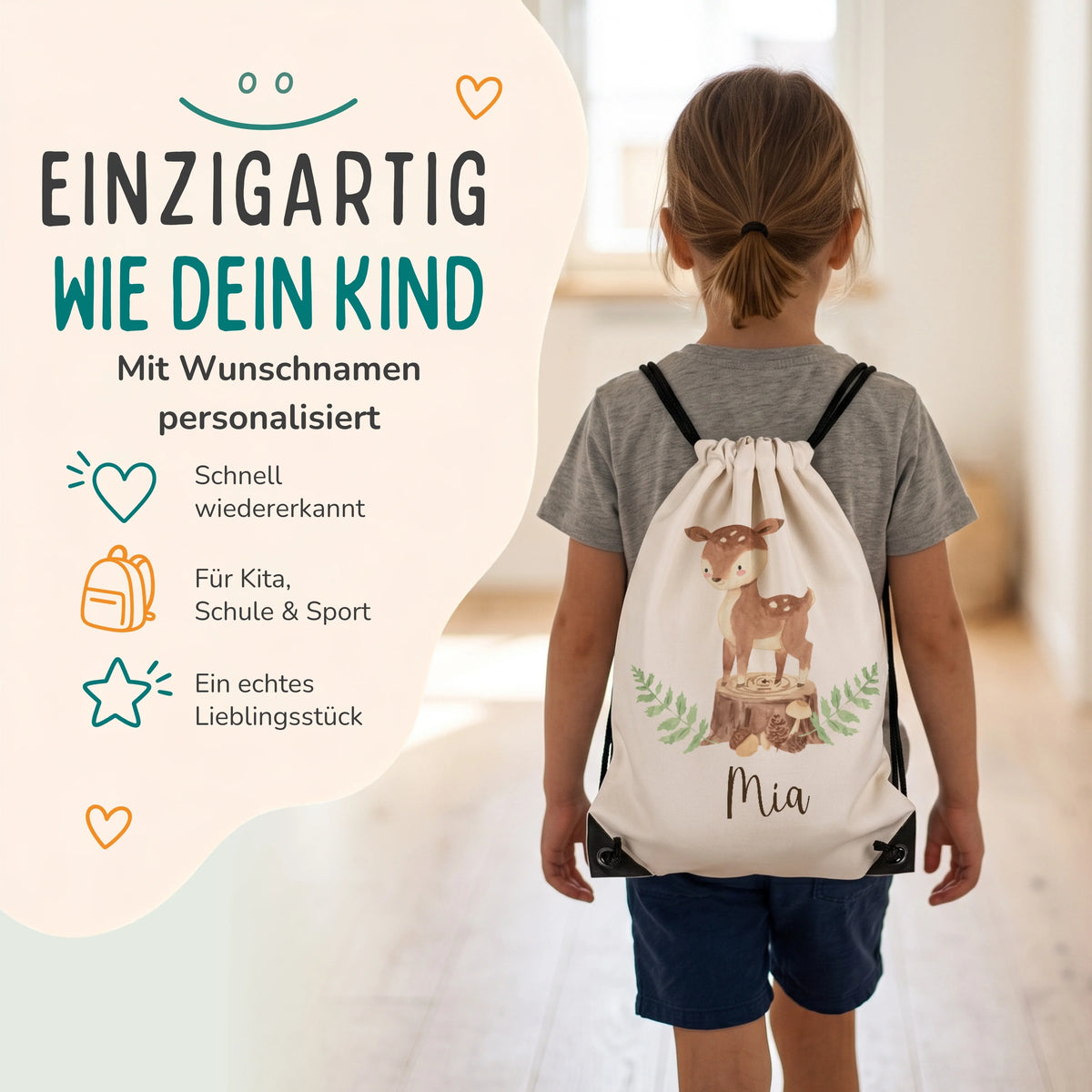 Personalisierter Turnbeutel Reh Waldtiere, Kind trägt den Beutel auf dem Rücken