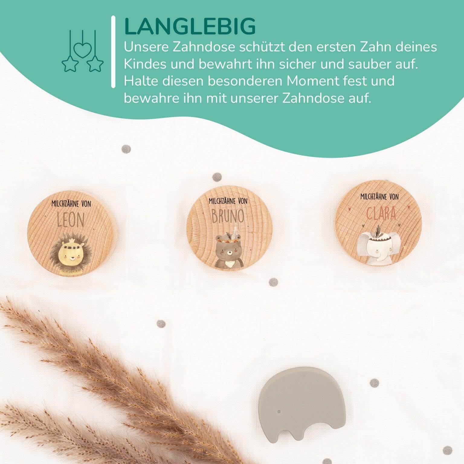 Milchzahndose personalisiert aus Holz Bunt Boho Design
