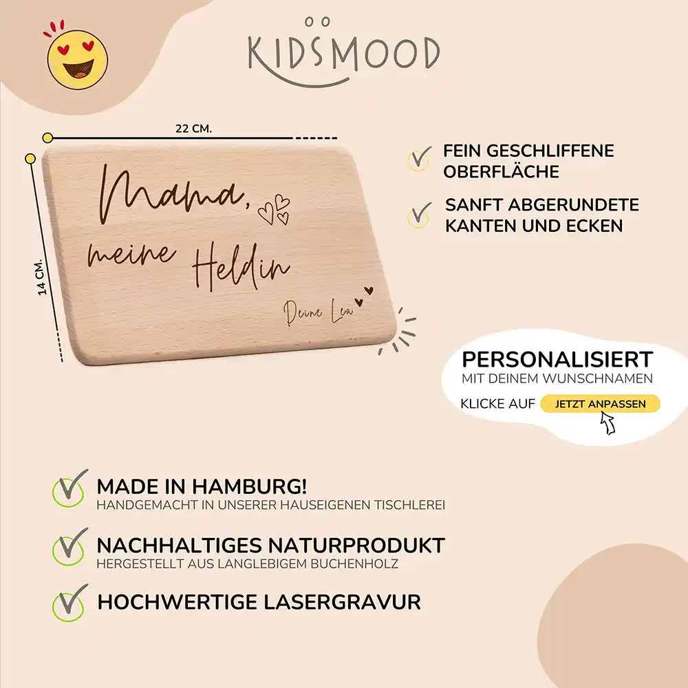 Frühstücksbrettchen Holz Mama meine Heldin aus Holz mit Gravur - Geschenk Muttertag