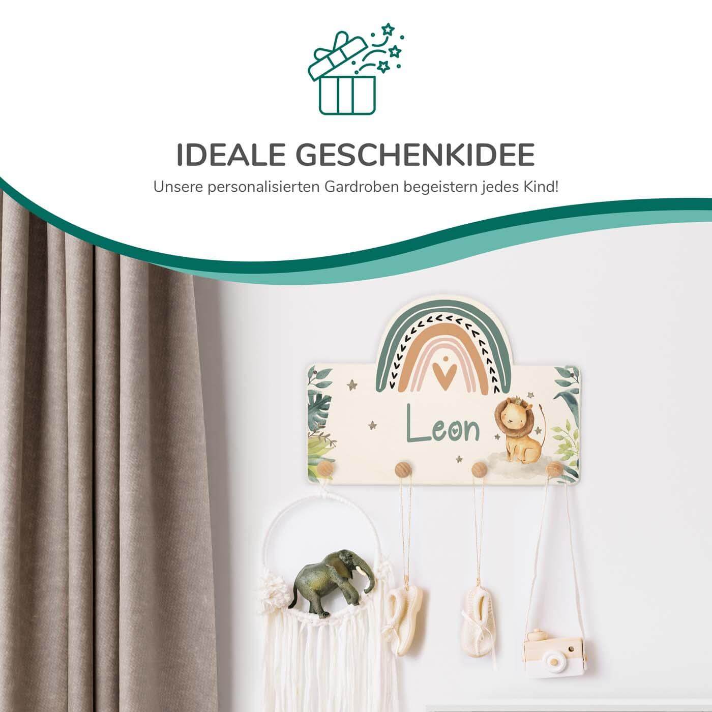 Handgefertigte Regenbogen-Garderobe aus Holz Löwe