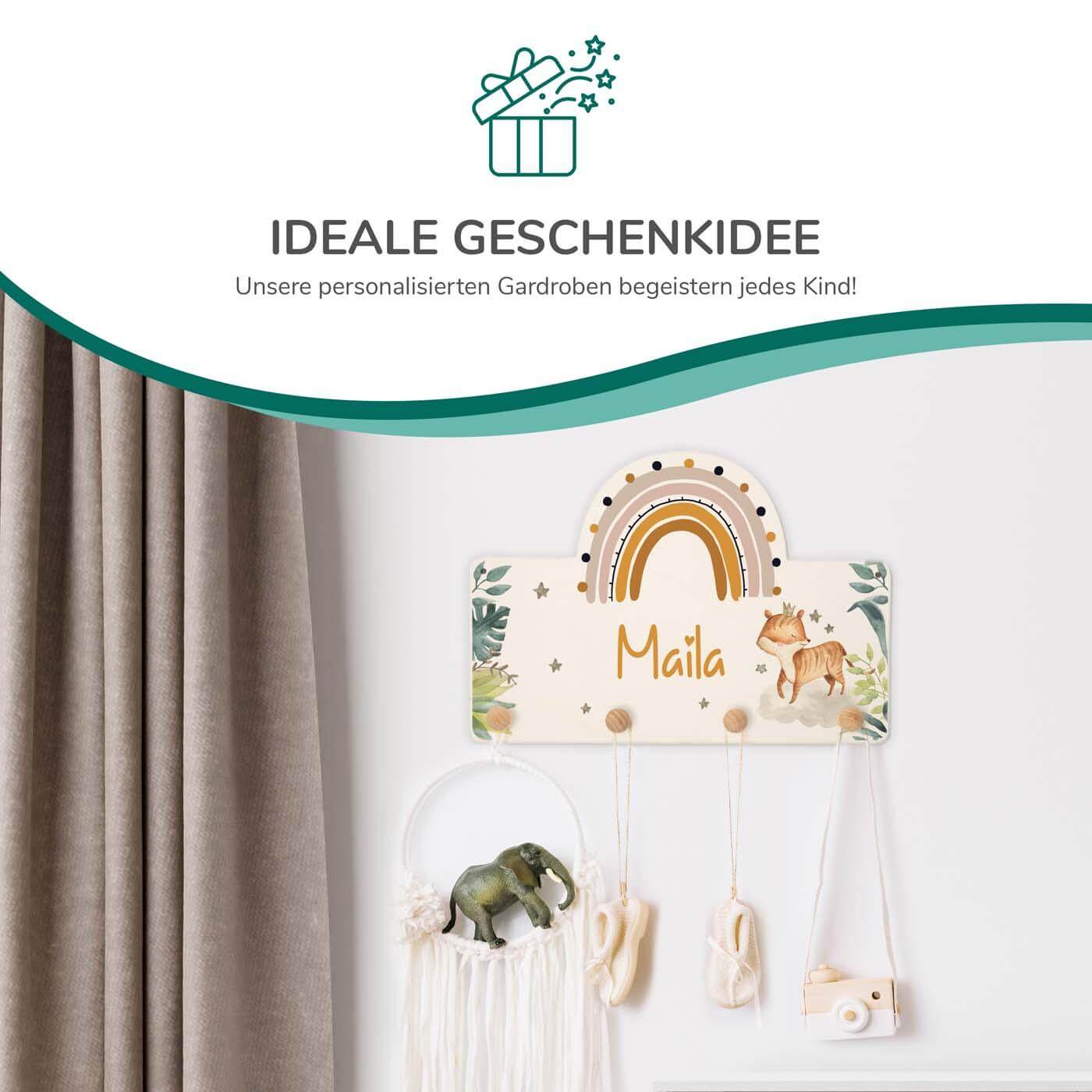 Handgefertigte Regenbogen-Garderobe aus Holz Fuchs