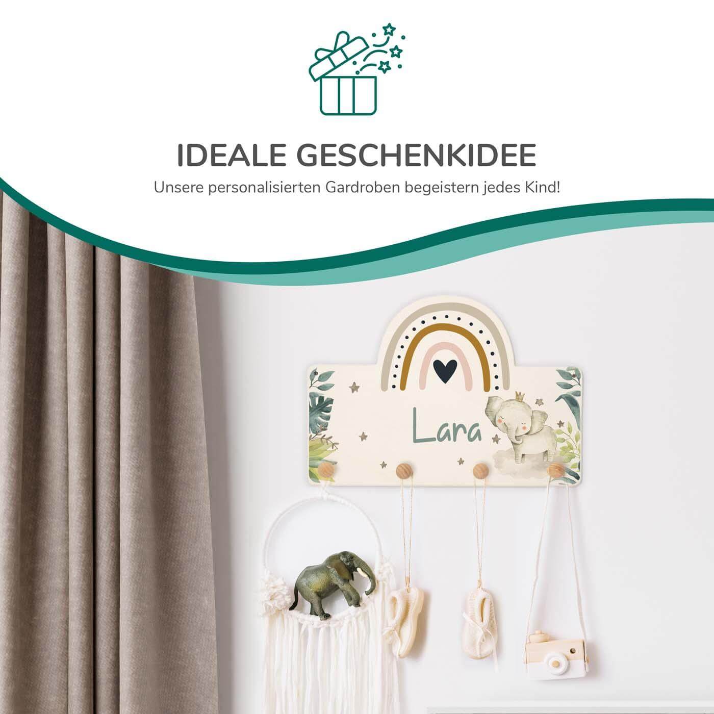 Handgefertigte Regenbogen-Garderobe aus Holz Elefant