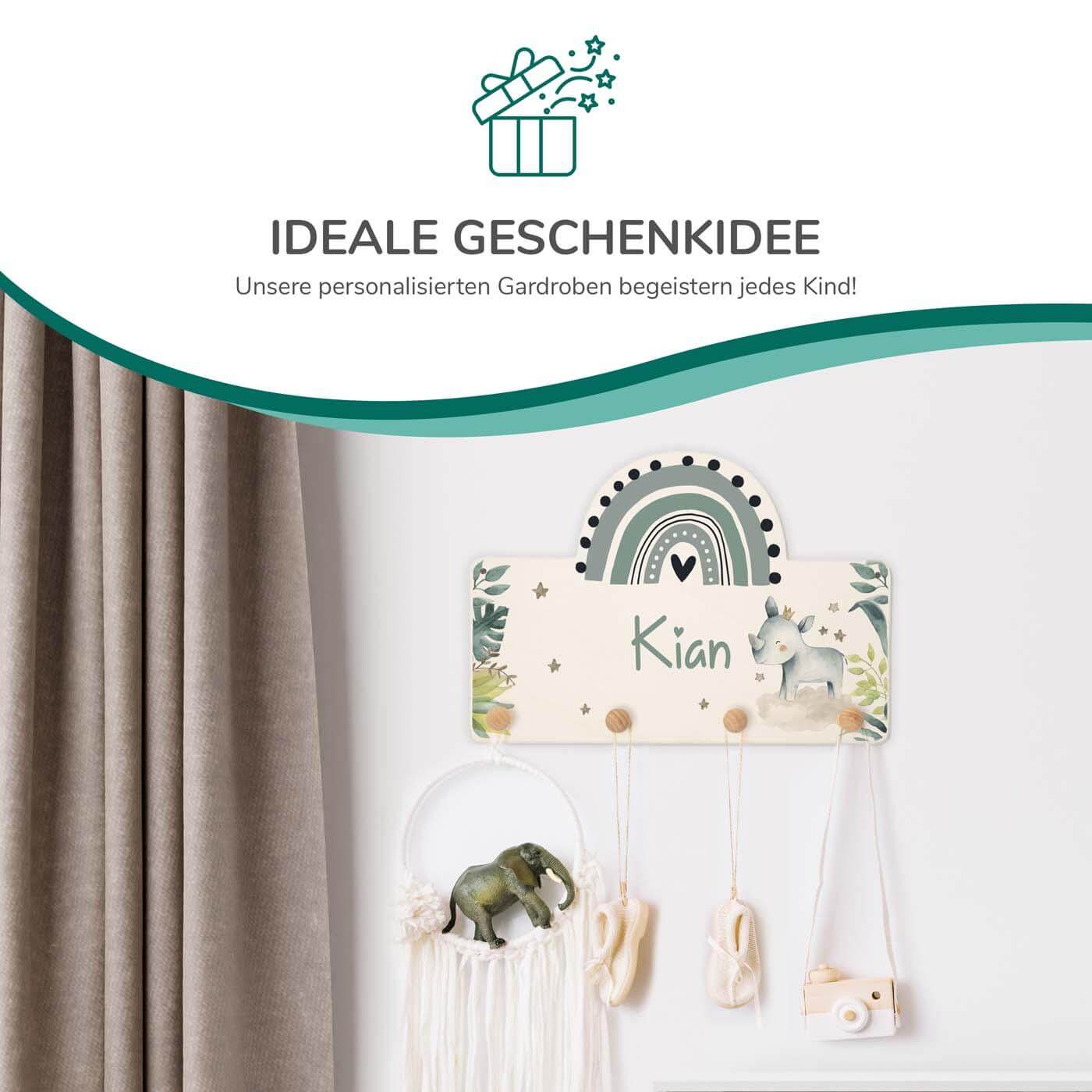 coat rack with rainbow and rhinoceros engraving